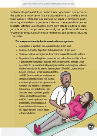 GUIA PRÁTICO PARA O AGENTE COMUNITÁRIO DE SAÚDE



panhamento pré-natal. Esse cartão é um documento que acompa-
nha toda essa importante fase na vida mulher e da família e serve
como apoio e referência aos serviços de saúde e diferentes profis-
sionais que atenderão a gestante, inclusive na maternidade ou casa
de parto. Estimule-a a conservá-lo em bom estado e a levá-lo consi-
go toda vez em que procurar um serviço ou profissional de saúde.
Recomenda-se que a mulher faça no mínimo seis consultas durante
o pré-natal.
     Postura que você deve ter frente aos cuidados com a gestante:
         Acompanhar se a gestante está indo às consultas de pré-natal;
         Realizar a busca ativa da gestante faltosa às consultas de pré-natal;
         Verificar o cartão de vacinação a fim de saber se a vacina antitetânica foi realizada;
         Perguntar sobre a realização dos exames, esclarecendo sobre a impotância deles
         e questionar se ela realizou e buscou o resultado dos exames: de grupo sanguí-
         neo e fator RH (se não sabia seu tipo sanguíneo antes), do hemograma ou hemo-
         globina/hematócrito, dos exames de detecção de sífilis (VDRL), toxoplasmose,
         hepatite B (HBsAg – se não foi vacinada antes),
         anti-HIV (lembre-se de que a mãe deve ser
         consultada se deseja realizar esse exame),
         exames de glicose, de urina e preventivo de
         câncer de colo de útero. Se a gestante
         informar que os resultados não estão
         anotados no cartão, oriente que ela
         solicite ao(s) profissional(is) que
         está(ão) fazendo o pré-natal para
         preencher na próxima ocasião. É
         importante também informar à
         sua equipe de saúde se esses dados
         estiverem faltando;



                                                                                                  143
 