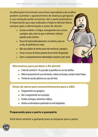 MINISTÉRIO DA SAÚDE / Secretaria de Atenção à Saúde / Departamento de Atenção Básica




      As alterações hormonais nessa fase reprodutiva da mulher
      podem acarretar o aparecimento de doenças gengivais
      e sua evolução pode ocasionar até o parto prematuro.
      É importante que seja realizada a higiene dental diária,
      sempre após a alimentação e antes de dormir.
               Escovar os dentes e a língua, massageando com a escova
                  ovar
               a gengiva, após cada vez que se alimentar, inclusive
               quando comer lanches;
               Passar fio dental delicadamente, no mínimo, uma vez
                assar
               ao dia, de preferência à noite;
               Não usar palitos de dentes para não machucar a gengiva;
                             os
               Trocar a escova de dente quando ela já estiver desgastada;
                rocar
               Fazer o acompanhamento odontológico durante o pré-natal.
                azer


        Alternativas para produzir o fio dental:
               Linha de carretel nº 10, passada na parafina ou cera de abelha;
               Ráfia transparente de saco de batata, cebola ou laranja, sempre muito limpa;
               Tirinha de sacolas plásticas ou saco de leite.


        Sinais de alerta para encaminhamento para a UBS:
                Sangramento nas gengivas;
                Dor e sangramento na escovação;
                Feridas na língua, bochecha e lábios;
                Dentes ou dentaduras quebradas ou mal adaptadas.


      Preparando para o parto e puerpério

      Você deve orientar a gestante para se preparar para o parto.


150
 