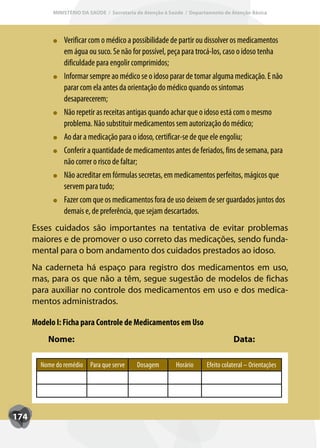 MINISTÉRIO DA SAÚDE / Secretaria de Atenção à Saúde / Departamento de Atenção Básica




                Verificar com o médico a possibilidade de partir ou dissolver os medicamentos
                em água ou suco. Se não for possível, peça para trocá-los, caso o idoso tenha
                dificuldade para engolir comprimidos;
                Inf
                Informar sempre ao médico se o idoso parar de tomar alguma medicação. E não
                parar com ela antes da orientação do médico quando os sintomas
                desaparecerem;
                Não repetir as receitas antigas quando achar que o idoso está com o mesmo
                problema. Não substituir medicamentos sem autorização do médico;
                Ao dar a medicação para o idoso, certificar-se de que ele engoliu;
                Conferir a quantidade de medicamentos antes de feriados, fins de semana, para
                não correr o risco de faltar;
                Não acreditar em fórmulas secretas, em medicamentos perfeitos, mágicos que
                servem para tudo;
                Fazer com que os medicamentos fora de uso deixem de ser guardados juntos dos
                demais e, de preferência, que sejam descartados.
      Esses cuidados são importantes na tentativa de evitar problemas
      maiores e de promover o uso correto das medicações, sendo funda-
      mental para o bom andamento dos cuidados prestados ao idoso.
      Na caderneta há espaço para registro dos medicamentos em uso,
      mas, para os que não a têm, segue sugestão de modelos de fichas
      para auxiliar no controle dos medicamentos em uso e dos medica-
      mentos administrados.

      Modelo I: Ficha para Controle de Medicamentos em Uso
          Nome:                                                                    Data:

        Nome do remédio Para que serve      Dosagem         Horário     Efeito colateral – Orientações




174
 