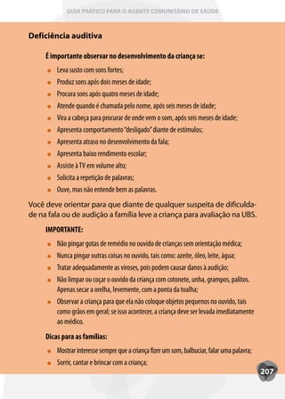 GUIA PRÁTICO PARA O AGENTE COMUNITÁRIO DE SAÚDE



Deficiência auditiva

     É importante observar no desenvolvimento da criança se:
         Leva susto com sons fortes;
         Produz sons após dois meses de idade;
         Procura sons após quatro meses de idade;
         Atende quando é chamada pelo nome, após seis meses de idade;
         Vira a cabeça para procurar de onde vem o som, após seis meses de idade;
         Apresenta comportamento “desligado” diante de estímulos;
         Apresenta atraso no desenvolvimento da fala;
         Apresenta baixo rendimento escolar;
         Assiste à TV em volume alto;
         Solicita a repetição de palavras;
         Ouve, mas não entende bem as palavras.
Você deve orientar para que diante de qualquer suspeita de dificulda-
de na fala ou de audição a família leve a criança para avaliação na UBS.
     IMPORTANTE:
         Não pingar gotas de remédio no ouvido de crianças sem orientação médica;
         Nunca pingar outras coisas no ouvido, tais como: azeite, óleo, leite, água;
         Tratar adequadamente as viroses, pois podem causar danos à audição;
         Não limpar ou coçar o ouvido da criança com cotonete, unha, grampos, palitos.
         Apenas secar a orelha, levemente, com a ponta da toalha;
         Observar a criança para que ela não coloque objetos pequenos no ouvido, tais
         como grãos em geral; se isso acontecer, a criança deve ser levada imediatamente
         ao médico.
     Dicas para as famílias:
         Mostrar interesse sempre que a criança fizer um som, balbuciar, falar uma palavra;
         Sorrir, cantar e brincar com a criança;
                                                                                              207
 