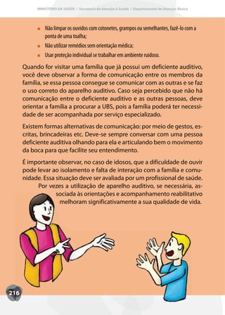 MINISTÉRIO DA SAÚDE / Secretaria de Atenção à Saúde / Departamento de Atenção Básica




               Não limpar os ouvidos com cotonetes, grampos ou semelhantes, fazê-lo com a
               ponta de uma toalha;
               Não utilizar remédios sem orientação médica;
               Usar proteção individual se trabalhar em ambiente ruidoso.
      Quando for visitar uma família que já possui um deficiente auditivo,
      você deve observar a forma de comunicação entre os membros da
      família, se essa pessoa consegue se comunicar com as outras e se faz
      o uso correto do aparelho auditivo. Caso seja percebido que não há
      comunicação entre o deficiente auditivo e as outras pessoas, deve
      orientar a família a procurar a UBS, pois a família poderá ter necessi-
      dade de ser acompanhada por serviço especializado.
      Existem formas alternativas de comunicação: por meio de gestos, es-
      critas, brincadeiras etc. Deve-se sempre conversar com uma pessoa
      deficiente auditiva olhando para ela e articulando bem o movimento
      da boca para que facilite seu entendimento.
      É importante observar, no caso de idosos, que a dificuldade de ouvir
      pode levar ao isolamento e falta de interação com a família e comu-
      nidade. Essa situação deve ser avaliada por um profissional de saúde.
           Por vezes a utilização de aparelho auditivo, se necessária, as-
                   sociada às orientações e acompanhamento reabilitativo
                     melhoram significativamente a sua qualidade de vida.




216
 