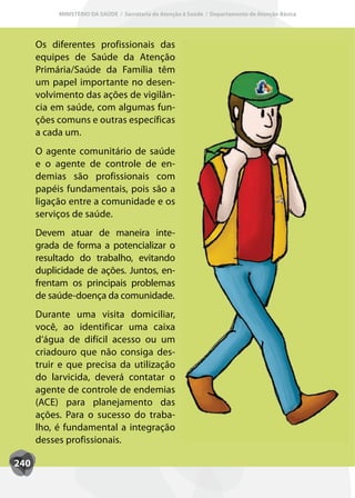 MINISTÉRIO DA SAÚDE / Secretaria de Atenção à Saúde / Departamento de Atenção Básica




      Os diferentes profissionais das
      equipes de Saúde da Atenção
      Primária/Saúde da Família têm
      um papel importante no desen-
      volvimento das ações de vigilân-
      cia em saúde, com algumas fun-
      ções comuns e outras específicas
      a cada um.
      O agente comunitário de saúde
      e o agente de controle de en-
      demias são profissionais com
      papéis fundamentais, pois são a
      ligação entre a comunidade e os
      serviços de saúde.
      Devem atuar de maneira inte-
      grada de forma a potencializar o
      resultado do trabalho, evitando
      duplicidade de ações. Juntos, en-
      frentam os principais problemas
      de saúde-doença da comunidade.
      Durante uma visita domiciliar,
      você, ao identificar uma caixa
      d’água de difícil acesso ou um
      criadouro que não consiga des-
      truir e que precisa da utilização
      do larvicida, deverá contatar o
      agente de controle de endemias
      (ACE) para planejamento das
      ações. Para o sucesso do traba-
      lho, é fundamental a integração
      desses profissionais.

240
 
