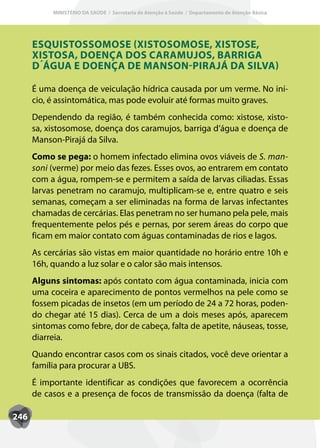 MINISTÉRIO DA SAÚDE / Secretaria de Atenção à Saúde / Departamento de Atenção Básica




      ESQUISTOSSOMOSE (XISTOSOMOSE, XISTOSE,
      XISTOSA, DOENÇA DOS CARAMUJOS, BARRIGA
      D´ÁGUA E DOENÇA DE MANSON-PIRAJÁ DA SILVA)

      É uma doença de veiculação hídrica causada por um verme. No iní-
      cio, é assintomática, mas pode evoluir até formas muito graves.
      Dependendo da região, é também conhecida como: xistose, xisto-
      sa, xistosomose, doença dos caramujos, barriga d’água e doença de
      Manson-Pirajá da Silva.
      Como se pega: o homem infectado elimina ovos viáveis de S. man-
      soni (verme) por meio das fezes. Esses ovos, ao entrarem em contato
      com a água, rompem-se e permitem a saída de larvas ciliadas. Essas
      larvas penetram no caramujo, multiplicam-se e, entre quatro e seis
      semanas, começam a ser eliminadas na forma de larvas infectantes
      chamadas de cercárias. Elas penetram no ser humano pela pele, mais
      frequentemente pelos pés e pernas, por serem áreas do corpo que
      ficam em maior contato com águas contaminadas de rios e lagos.
      As cercárias são vistas em maior quantidade no horário entre 10h e
      16h, quando a luz solar e o calor são mais intensos.
      Alguns sintomas: após contato com água contaminada, inicia com
      uma coceira e aparecimento de pontos vermelhos na pele como se
      fossem picadas de insetos (em um período de 24 a 72 horas, poden-
      do chegar até 15 dias). Cerca de um a dois meses após, aparecem
      sintomas como febre, dor de cabeça, falta de apetite, náuseas, tosse,
      diarreia.
      Quando encontrar casos com os sinais citados, você deve orientar a
      família para procurar a UBS.
      É importante identificar as condições que favorecem a ocorrência
      de casos e a presença de focos de transmissão da doença (falta de

246
 