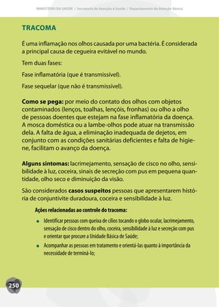 MINISTÉRIO DA SAÚDE / Secretaria de Atenção à Saúde / Departamento de Atenção Básica




      TRACOMA

      É uma inflamação nos olhos causada por uma bactéria. É considerada
      a principal causa de cegueira evitável no mundo.
      Tem duas fases:
      Fase inflamatória (que é transmissível).
      Fase sequelar (que não é transmissível).

      Como se pega: por meio do contato dos olhos com objetos
      contaminados (lenços, toalhas, lençóis, fronhas) ou olho a olho
      de pessoas doentes que estejam na fase inflamatória da doença.
      A mosca doméstica ou a lambe-olhos pode atuar na transmissão
      dela. A falta de água, a eliminação inadequada de dejetos, em
      conjunto com as condições sanitárias deficientes e falta de higie-
      ne, facilitam o avanço da doença.

      Alguns sintomas: lacrimejamento, sensação de cisco no olho, sensi-
      bilidade à luz, coceira, sinais de secreção com pus em pequena quan-
      tidade, olho seco e diminuição da visão.
      São considerados casos suspeitos pessoas que apresentarem histó-
      ria de conjuntivite duradoura, coceira e sensibilidade à luz.
           Ações relacionadas ao controle do tracoma:
               Identificar pessoas com queixa de cílios tocando o globo ocular, lacrimejamento,
               sensação de cisco dentro do olho, coceira, sensibilidade à luz e secreção com pus
               e orientar que procure a Unidade Básica de Saúde;
               Acompanhar as pessoas em tratamento e orientá-las quanto à importância da
               necessidade de terminá-lo;




250
 