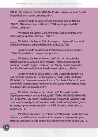 MINISTÉRIO DA SAÚDE / Secretaria de Atenção à Saúde / Departamento de Atenção Básica




      BRASIL. Ministério da Saúde. [200-?]a. Portal do Ministério da Saúde.
      Disponível em: <www.saude.gov.br>.
      ______. Ministério da Saúde. Atenção básica: saúde da família.
      [200-?]b. Disponível em: <http://dtr2004.saude.gov.br/dab/
      caderno_ab.php>.
      _____. Ministério da Saúde. Guia Alimentar. Saiba como ter uma
      alimentação saudável. Brasília, [200-?]c.
      _____. Ministério da Saúde. Guia Básico para o Agente Comunitário
      de Saúde: Pessoas com Deficiência. Brasília, [200-?]d.
      ______. Ministério da Saúde. Inca: Instituto Nacional de Câncer.
      c1996. Disponível em: <www.inca.gov.br>.
      _____. Ministério da Saúde. Projeto de Profissionalização dos
      Trabalhadores da Área de Enfermagem. Profissionalização dos
      auxiliares de enfermagem: Cadernos do Aluno: Saúde do Adulto.
      Brasília: Ministério da Saúde, Rio de Janeiro; Fiocruz, 2001a.
      ______. Ministério da Saúde. Secretaria de Gestão do Trabalho e
      da Educação em Saúde. Coordenação Geral de Saúde do Idoso;
      Ministério do Desenvolvimento Social e Combate à Fome. Proposta
      do Perfil de Competências Profissionais do Cuidador de Pessoas Idosas
      com Dependência. Brasília, 2007.
      _____. Ministério da Saúde. Secretaria de Políticas de Saúde.
      Departamento de Atenção Básica; INSTITUTO MATERNO INFANTIL
                                                        A
                                                        ATERNO
      DE PERNAMBUCO (IMIP). Atenção Básica à Saúde da Criança: texto
      de apoio para o Agente Comunitário de Saúde: Atenção integrada
      às doenças prevalentes na infância: AIDPI. Brasília: Ministério da
      Saúde, 2001b.
      _____. Ministério da Saúde. Secretaria de Políticas de Saúde. Direitos
      humanos e violência intrafamiliar: informações e orientações para
      agentes comunitários de saúde. Brasília: Ministério da Saúde, 2001c.

256
 