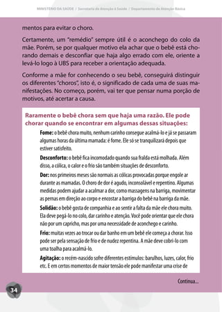 MINISTÉRIO DA SAÚDE / Secretaria de Atenção à Saúde / Departamento de Atenção Básica




     mentos para evitar o choro.
     Certamente, um “remédio” sempre útil é o aconchego do colo da
     mãe. Porém, se por qualquer motivo ela achar que o bebê está cho-
     rando demais e desconfiar que haja algo errado com ele, oriente a
     levá-lo logo à UBS para receber a orientação adequada.
     Conforme a mãe for conhecendo o seu bebê, conseguirá distinguir
     os diferentes “choros”, isto é, o significado de cada uma de suas ma-
     nifestações. No começo, porém, vai ter que pensar numa porção de
     motivos, até acertar a causa.

      Raramente o bebê chora sem que haja uma razão. Ele pode
      chorar quando se encontrar em algumas dessas situações:
           Fome: o bebê chora muito, nenhum carinho consegue acalmá-lo e já se passaram
           algumas horas da última mamada: é fome. Ele só se tranquilizará depois que
           estiver satisfeito.
           Desconforto: o bebê fica incomodado quando sua fralda está molhada. Além
           disso, a cólica, o calor e o frio são também situações de desconforto.
           Dor: nos primeiros meses são normais as cólicas provocadas porque engole ar
           durante as mamadas. O choro de dor é agudo, inconsolável e repentino. Algumas
           medidas podem ajudar a acalmar a dor, como massagens na barriga, movimentar
           as pernas em direção ao corpo e encostar a barriga do bebê na barriga da mãe.
           Solidão: o bebê gosta de companhia e ao sentir a falta da mãe ele chora muito.
           Ela deve pegá-lo no colo, dar carinho e atenção. Você pode orientar que ele chora
           não por um capricho, mas por uma necessidade de aconchego e carinho.
           Frio: muitas vezes ao trocar ou dar banho em um bebê ele começa a chorar. Isso
           pode ser pela sensação de frio e de nudez repentina. A mãe deve cobri-lo com
           uma toalha para acalmá-lo.
           Agitação: o recém-nascido sofre diferentes estímulos: barulhos, luzes, calor, frio
           etc. E em certos momentos de maior tensão ele pode manifestar uma crise de

                                                                                          Continua...
34
 