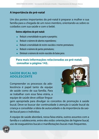 MINISTÉRIO DA SAÚDE / Secretaria de Atenção à Saúde / Departamento de Atenção Básica




     A importância do pré-natal

     Um dos pontos importantes do pré-natal é preparar a mulher e sua
     família para a chegada de um novo membro, orientando-as sobre os
     cuidados com sua saúde e com o bebê.
          Outros objetivos do pré-natal:
              Reduzir a mortalidade no parto e puerpério;
              Reduzir o número de abortos espontâneos;
              Reduzir a mortalidade de recém-nascidos e mortes prematuras;
              Reduzir o número de partos prematuros;
              Diminuir o número de recém-nascidos de baixo peso.

          Para mais informações relacionadas ao pré-natal,
          consultar a página 142.


     SAÚDE BUCAL NO
     ADOLESCENTE

     Compreender os processos da ado-
     lescência é papel tanto da equipe
     de saúde como de sua família. Para
     se trabalhar com essa faixa etária, a
     equipe de saúde deve utilizar lingua-
     gem apropriada para divulgar os conceitos de promoção à saúde
     bucal. Deve-se buscar dar continuidade à atenção à saúde bucal da
     criança e consolidar a ideia de autocuidado e da importância da saú-
     de bucal para o indivíduo.
     A equipe de saúde abordará, nessa faixa etária, outros assuntos com a
     família e o adolescente, entre eles estão: orientações de higiene bucal,
     uso de exaguatórios bucais e manifestações bucais mais frequentes.
84
 