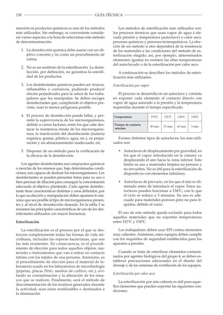 130 GUÍA TÉCNICA
mersión en productos químicos es uno de los métodos
más utilizados. Sin embargo, es conveniente conside­
rar varios aspectos a la hora de seleccionar este método
de descontaminación:
1.	 La desinfección química debe usarse con un ob­
jetivo concreto y no como un procedimiento de
rutina.
2.	 No es un sustituto de la esterilización. La desin­
fección, por definición, no garantiza la esterili­
dad de los productos.
3.	 Los desinfectantes químicos pueden ser: tóxicos,
inflamables o corrosivos, pudiendo producir
efectos perjudiciales para la salud de los traba­
jadores que los manipulan. Se deben escoger
desinfectantes que, cumpliendo el objetivo pre­
visto, sean lo menos peligrosos posible.
4.	 El proceso de desinfección puede fallar, y per­
mitir la supervivencia de los microorganismos,
debido a varios factores, entre los que cabe des­
tacar la resistencia innata de los microorganis­
mos, la inactivación del desinfectante (materia
orgánica, gomas, plástico, agua, etc.), su prepa­
ración y un almacenamiento inadecuado, etc.
5.	 Disponer de un método para la verificación de
la eficacia de la desinfección.
Los agentes desinfectantes son compuestos químicos
o mezclas de los mismos que, bajo determinadas condi­
ciones, son capaces de destruir los microorganismos. Los
desinfectantes se pueden presentar listos para su uso o
bien precisar de dilución para conseguir la concentración
adecuada al objetivo planteado. Cada agente desinfec­
tante tiene características distintas y usos definidos, por
lo que su elección y manipulación deben ajustarse lo má­
ximo que sea posible al tipo de microorganismos presen­
tes y al nivel de desinfección deseada. En la tabla 2 se
resumen las principales características de uso de los des­
infectantes utilizados con mayor frecuencia.
Esterilización
La esterilización es el proceso por el que se des­
truyen completamente todas las formas de vida mi­
crobiana, incluidas las esporas bacterianas, que son
las más resistentes. En consecuencia, es el procedi­
miento de elección para todos aquellos objetos, ma­
teriales e instrumentos que van a entrar en contacto
íntimo con los tejidos de una persona. Asimismo, es
el procedimiento de elección para el material de la­
boratorio usado en los laboratorios de microbiología
(pipetas, placas Petri, medios de cultivo, etc.), evi­
tando su contaminación y la alteración de los ensa­
yos que se realicen. Finalmente, será el método de
descontaminación de los residuos generados durante
la actividad, sean estos reutilizables o destinados a
la eliminación.
Los métodos de esterilización más utilizados son:
los procesos térmicos que usan vapor de agua a ele­
vada presión y temperatura (autoclave) o calor seco,
procesos químicos y procesos termoquímicos. La elec­
ción de un método u otro dependerá de la resistencia
de los materiales a las condiciones del método de es­
terilización elegido; así, por ejemplo, determinados
elementos (goma) no resisten las altas temperaturas
del autoclavado o de la esterilización por calor seco.
A continuación se describen los métodos de esteri­
lización más utilizados.
Esterilización por vapor
El proceso se desarrolla en un autoclave y consiste
en exponer cada elemento al contacto directo con
vapor de agua saturado a la presión y la temperatura
requeridas durante el tiempo especificado.
Temperatura 115ºC 121ºC 126ºC 134ºC
Tiempo de contacto
mínimo
30 min 15 min 10 min 3 min
Existen distintos tipos de autoclaves; los más utili­
zados son:
•	 Autoclaves de desplazamiento por gravedad, en
los que el vapor introducido en la cámara va
desplazando el aire hacia la zona inferior. Esto
limita su uso a materiales limpios no porosos y
no envueltos. No es útil para la esterilización de
dispositivos con elementos tubulares.
• 	 Autoclaves de prevacío, en los que el aire es eli­
minado antes de introducir el vapor. Estos au­
toclaves pueden funcionar a 134ºC, con lo que
el ciclo se reduce a 3 minutos. Su uso es ade­
cuado para materiales porosos pero no para lí­
quidos, debido al vacío.
El uso de este método queda excluido para todos
aquellos materiales que no soporten temperaturas
entre 121ºC y 134ºC.
Los trabajadores deben usar EPI contra elementos
muy calientes. Asimismo, estos equipos deben cumplir
con los requisitos de seguridad establecidos para los
aparatos a presión.
Cuando se trata de esterilizar elementos contami­
nados por agentes biológicos del grupo 4, se deben es­
tablecer precauciones adicionales en el diseño del
drenaje y de los sistemas de ventilación de los equipos.
Esterilización por calor seco
La esterilización por aire caliente es útil para aque­
llos elementos que pueden soportar las siguientes con­
diciones:
 