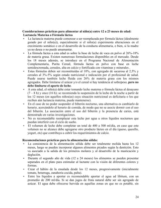 24
Consideraciones prácticas para alimentar al niño(a) entre 12 a 23 meses de edad:
Lactancia Materna o Fórmula láctea
• La lactancia materna puede comenzar a ser reemplazada por fórmula láctea (idealmente
guiado por el niño(a)), especialmente si el niño(a) experimenta alteraciones en el
crecimiento somático o en el desarrollo de la conducta alimentaria, o bien, si la madre
ya no desea o no puede amamantar.
• La fórmula láctea a esta edad es sobre la base de leche de vaca en polvo al 26%-18%
de materia grasa. Existen numerosas formulaciones disponibles en el mercado. Desde
los 18 meses además, se introduce en el Programa Nacional de Alimentación
Complementaria, Purita Cereal, fórmula láctea en polvo con base en leche
semidescremada, cereales, alta en calcio y fortificada con vitaminas y minerales .
• Estas fórmulas deben ser reconstituidas al 10%, con agregado de sacarosa al 2,5% y
cereales al 3%-5% según estado nutricional e indicación por el profesional de salud.
Puede usarse también leche fluida con 26% de materia grasa con los mismos
agregados. Debe limitarse el azúcar y/o el cereal si hay tendencia al sobrepeso, pero no
debe limitarse el aporte de leche.
• A esta edad, el niño(a) debe estar tomando leche materna o fórmula láctea al desayuno
(7 – 8 h) y once (16 h); se recomienda la suspensión de la leche de la noche a partir de
los 12 meses (en aquellos niños(as) cuya situación nutricional es deficitaria o los que
reciben aún lactancia materna, puede mantenerse).
• En el caso de no poder suspender el biberón nocturno, una alternativa es cambiarlo de
horario, acercándolo al horario de comida, de modo que no se asocie dormir con el uso
del biberón. La asociación entre el uso del biberón y la presencia de caries, está
demostrado en varias investigaciones.
• No es recomendable reemplazar esta leche por agua u otros líquidos nocturnos que
puedan interferir con el ciclo de sueño.
• El volumen de leche debe completar un total de 400 a 500 ml/día, en caso que este
volumen no se alcance debe agregarse otro producto lácteo en el día (queso, quesillo,
yogurt, etc) que contribuya a cubrir los requerimientos de calcio.
Recomendaciones prácticas para la alimentación sólida:
• La consistencia de la alimentación sólida debe ser totalmente molida hasta los 12
meses, luego se pueden incorporar algunos alimentos picados según la dentición. Esto
va asociado a la salida de los primeros molares y al desarrollo de la masticación y
deglución.
• Durante el segundo año de vida (12 a 24 meses) los alimentos se pueden presentar
separados en el plato para estimular al lactante con la visión de diferentes colores y
formas.
• Crear el hábito de la ensalada desde los 12 meses, progresivamente (inicialmente
tomate, betarraga, zanahoria cocida, palta).
• Entre los líquidos a aportar es recomendable aportar el agua ad libitum, con un
promedio de 200 ml/día. Si se dan jugos de fruta natural debe ser sin agregado de
azúcar. El agua debe ofrecerse hervida en aquellas zonas en que no es potable, sin
 
