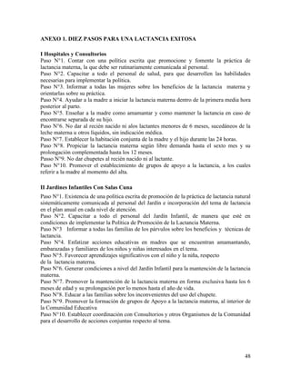 48
ANEXO 1. DIEZ PASOS PARA UNA LACTANCIA EXITOSA
I Hospitales y Consultorios
Paso N°1. Contar con una política escrita que promocione y fomente la práctica de
lactancia materna, la que debe ser rutinariamente comunicada al personal.
Paso N°2. Capacitar a todo el personal de salud, para que desarrollen las habilidades
necesarias para implementar la política.
Paso N°3. Informar a todas las mujeres sobre los beneficios de la lactancia materna y
orientarlas sobre su práctica.
Paso N°4. Ayudar a la madre a iniciar la lactancia materna dentro de la primera media hora
posterior al parto.
Paso N°5. Enseñar a la madre como amamantar y como mantener la lactancia en caso de
encontrarse separada de su hijo.
Paso N°6. No dar al recién nacido ni alos lactantes menores de 6 meses, sucedáneos de la
leche materna u otros líquidos, sin indicación médica.
Paso N°7. Establecer la habitación conjunta de la madre y el hijo durante las 24 horas.
Paso N°8. Propiciar la lactancia materna según libre demanda hasta el sexto mes y su
prolongación complementada hasta los 12 meses.
Passo N°9. No dar chupetes al recién nacido ni al lactante.
Paso N°10. Promover el establecimiento de grupos de apoyo a la lactancia, a los cuales
referir a la madre al momento del alta.
II Jardines Infantiles Con Salas Cuna
Paso N°1. Existencia de una política escrita de promoción de la práctica de lactancia natural
sistemáticamente comunicada al personal del Jardín e incorporación del tema de lactancia
en el plan anual en cada nivel de atención.
Paso N°2. Capacitar a todo el personal del Jardín Infantil, de manera que esté en
condiciones de implementar la Política de Promoción de la Lactancia Materna.
Paso N°3 Informar a todas las familias de los párvulos sobre los beneficios y técnicas de
lactancia.
Paso N°4. Enfatizar acciones educativas en madres que se encuentran amamantando,
embarazadas y familiares de los niños y niñas interesados en el tema.
Paso N°5. Favorecer aprendizajes significativos con el niño y la niña, respecto
de la lactancia materna.
Paso N°6. Generar condiciones a nivel del Jardín Infantil para la mantención de la lactancia
materna.
Paso N°7. Promover la mantención de la lactancia materna en forma exclusiva hasta los 6
meses de edad y su prolongación por lo menos hasta el año de vida.
Paso N°8. Educar a las familias sobre los inconvenientes del uso del chupete.
Paso N°9. Promover la formación de grupos de Apoyo a la lactancia materna, al interior de
la Comunidad Educativa
Paso N°10. Establecer coordinación con Consultorios y otros Organismos de la Comunidad
para el desarrollo de acciones conjuntas respecto al tema.
 