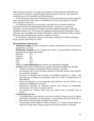 32
edad escolar que concurre a su colegio sin desayunar correctamente tiene dificultades de
concentración y memoria, o también puede sentirse cansado y nervioso, todas funciones
cerebrales que se han vinculado con el buen desayuno.
Un buen desayuno debe estar constituido por un lácteo de preferencia de bajo contenido
graso, una porción de cereal o pan y eventualmente una fruta, la que puede ser recibida
como colación si ésta existe.
Las colaciones siguen sin ser necesarias a esta edad. Si no es posible respetar los
intervalos de horarios de alimentación (cada 4 horas), el volumen y/o el aporte de
nutrientes, o si está instaurado en el jardín y/o escuela, podrán administrarse colaciones
saludables (Anexos 22 y 23), las que no reemplazan una alimentación balanceada y deben
adecuarse a las necesidades nutricionales del niño(a), siendo de preferencia frutas, verduras,
lácteos de bajo contenido graso, cereales y líquidos sin azúcar.
Por otro lado, es importante reforzar en esta etapa, el desarrollo de hábitos de higiene
bucal, sin pasta dental hasta los 4 años.
Recomendaciones alimentarias:
- Tiempos de comida: lo ideal es consumir 4 comidas establecidas en el día en el caso de
preescolares y escolares
- Distribución energética de los 4 tiempos de comida: la recomendación establece las
siguientes proporciones aproximadas:
Desayuno 25%
Colación 5%
Almuerzo 30%
Once 15%
Cena 25%
- Aplicar las guías alimentarias para obtener una alimentación saludable
- Acciones que faciliten la obtención de un patrón alimentario saludable, por ejemplo:
• realizar las comidas en un ambiente familiar tranquilo y de afecto
• dar alimentos que les sean familiares, porque los niños(as) aceptan mejor aquellos
que consumen sus padres
• al ofrecer un alimento nuevo hacerlo en cantidades progresivas y repetir esta
oferta para que el alimento sea aceptado, hasta que se logre su incorporación a la
dieta habitual
• ofrecer los alimentos en trozos pequeños para facilitar el uso del cubierto y así,
propiciar la independencia al comer
• proporcionar alimentos de diferentes texturas para reforzar las habilidades
masticatorias y favorecer la secreción salival
• dar alimentos de variados colores para que actúen como un estímulo para el
apetito.
- Comiendo fuera de casa
• La independencia y autovalencia es un proceso normal y progresivo que los padres
deben guiar entregando las herramientas y conocimientos necesarios para que la
toma de decisiones por parte del niño(a) sea correcta.
• Un gran paso ocurre cuando el niño(a) comienza a ir al Jardín Infantil donde las
colaciones traídas desde el hogar son parte del sistema alimentario instituido.
 