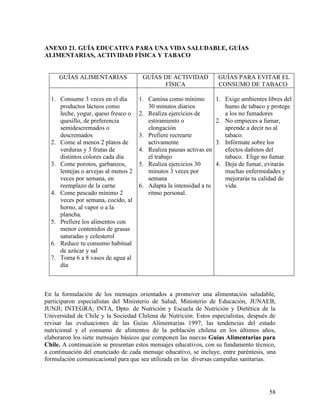 58
ANEXO 21. GUÍA EDUCATIVA PARA UNA VIDA SALUDABLE, GUÍAS
ALIMENTARIAS, ACTIVIDAD FÍSICA Y TABACO
GUÍAS ALIMENTARIAS GUÍAS DE ACTIVIDAD
FÍSICA
GUÍAS PARA EVITAR EL
CONSUMO DE TABACO
1. Consume 3 veces en el día
productos lácteos como
leche, yogur, queso fresco o
quesillo, de preferencia
semidescremados o
descremados
2. Come al menos 2 platos de
verduras y 3 frutas de
distintos colores cada día
3. Come porotos, garbanzos,
lentejas o arvejas al menos 2
veces por semana, en
reemplazo de la carne
4. Come pescado mínimo 2
veces por semana, cocido, al
horno, al vapor o a la
plancha.
5. Prefiere los alimentos con
menor contenidos de grasas
saturadas y colesterol
6. Reduce tu consumo habitual
de azúcar y sal
7. Toma 6 a 8 vasos de agua al
día
1. Camina como mínimo
30 minutos diarios
2. Realiza ejercicios de
estiramiento o
elongación
3. Prefiere recrearte
activamente
4. Realiza pausas activas en
el trabajo
5. Realiza ejercicios 30
minutos 3 veces por
semana
6. Adapta la intensidad a tu
ritmo personal.
1. Exige ambientes libres del
humo de tabaco y protege
a los no fumadores
2. No empieces a fumar,
aprende a decir no al
tabaco.
3. Infórmate sobre los
efectos dañinos del
tabaco. Elige no fumar.
4. Deja de fumar, evitarás
muchas enfermedades y
mejorarás tu calidad de
vida.
En la formulación de los mensajes orientados a promover una alimentación saludable,
participaron especialistas del Ministerio de Salud; Ministerio de Educación, JUNAEB,
JUNJI; INTEGRA; INTA, Dpto. de Nutrición y Escuela de Nutrición y Dietética de la
Universidad de Chile y la Sociedad Chilena de Nutrición. Estos especialistas, después de
revisar las evaluaciones de las Guías Alimentarias 1997, las tendencias del estado
nutricional y el consumo de alimentos de la población chilena en los últimos años,
elaboraron los siete mensajes básicos que componen las nuevas Guías Alimentarias para
Chile. A continuación se presentan estos mensajes educativos, con su fundamento técnico,
a continuación del enunciado de cada mensaje educativo, se incluye, entre paréntesis, una
formulación comunicacional para que sea utilizada en las diversas campañas sanitarias.
 