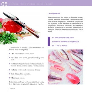 05 C O N S E R V A C I Ó N Y R E C O N S T I T U C I Ó N D E A L I M E N T O S E N E L H O G A R
La conservación es limitada, y cada alimento tiene una
duración límite en el frigorífico:
1 1 día: pescado fresco y carne picada.
1 2 a 3 días: carne cocida, pescado cocido y carne
cruda.
1 3 a 4 días: leche pasteurizada o leche esterilizada pre-
viamente abierta, verduras cocidas y postres caseros.
1 4 a 5 días: verdura cruda y conservas abiertas.
1 Hasta 5 días: platos cocinados.
1 2-3 semanas: huevos.
También debemos limpiar con frecuencia el interior y tratar
de no dejar mucho tiempo abierta la puerta del frigorífico.
La congelación
Para conservar por más tiempo los alimentos crudos y
cocidos, debemos almacenarlos a temperaturas infe-
riores a la de refrigeración, mediante la congelación.
Por lo general, cuanto más baja es la temperatura de
congelación, menor es la velocidad a la que se repro-
ducen las bacterias de los alimentos. La temperatura
ideal para conservar alimentos congelados es -18ºC o
menos.
La temperatura ideal para
conservar alimentos congelados
es -18ºC o menos.
página 62
 