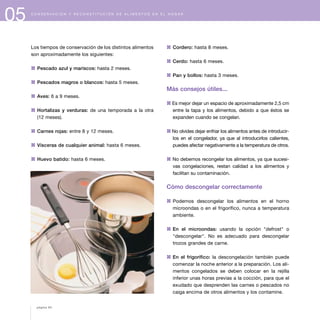 05 C O N S E R V A C I Ó N Y R E C O N S T I T U C I Ó N D E A L I M E N T O S E N E L H O G A R
Los tiempos de conservación de los distintos alimentos
son aproximadamente los siguientes:
1 Pescado azul y mariscos: hasta 2 meses.
1 Pescados magros o blancos: hasta 5 meses.
1 Aves: 6 a 9 meses.
1 Hortalizas y verduras: de una temporada a la otra
(12 meses).
1 Carnes rojas: entre 8 y 12 meses.
1 Vísceras de cualquier animal: hasta 6 meses.
1 Huevo batido: hasta 6 meses.
1 Cordero: hasta 8 meses.
1 Cerdo: hasta 6 meses.
1 Pan y bollos: hasta 3 meses.
Más consejos útiles...
1 Es mejor dejar un espacio de aproximadamente 2,5 cm
entre la tapa y los alimentos, debido a que éstos se
expanden cuando se congelan.
1 No olvides dejar enfriar los alimentos antes de introducir-
los en el congelador, ya que al introducirlos calientes,
puedes afectar negativamente a la temperatura de otros.
1 No debemos recongelar los alimentos, ya que sucesi-
vas congelaciones, restan calidad a los alimentos y
facilitan su contaminación.
Cómo descongelar correctamente
1 Podemos descongelar los alimentos en el horno
microondas o en el frigorífico, nunca a temperatura
ambiente.
1 En el microondas: usando la opción "defrost" o
"descongelar". No es adecuado para descongelar
trozos grandes de carne.
1 En el frigorífico: la descongelación también puede
comenzar la noche anterior a la preparación. Los ali-
mentos congelados se deben colocar en la rejilla
inferior unas horas previas a la cocción, para que el
exudado que desprenden las carnes o pescados no
caiga encima de otros alimentos y los contamine.
página 64
 