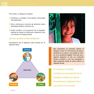 08 N E C E S I D A D E S E S P E C I A L E S D E L O S N I Ñ O S
Por lo tanto, un desayuno completo:
1 Contribuye a conseguir unos aportes nutricionales
más adecuados.
1 Evita o disminuye el consumo de alimentos menos
apropiados (bollería, azúcares, etc).
1 Puede contribuir a la prevención de la obesidad,
además de mejorar el rendimiento intelectual, físico
y la actitud en el trabajo escolar.
¿En qué consiste un buen desayuno?
Aconsejamos que el desayuno esté formado por la
siguiente triada:
DESAYUNO
Lácteos
Cereales Frutas
página 92
Muy importante: es necesario dedicar al
desayuno entre 15 a 20 minutos de tiempo,
sentados en la mesa, a ser posible en fami-
lia, en un ambiente relajado. Para ello acon-
sejamos despertar al niño con suficiente
tiempo, acostarlo a una hora apropiada y
dejar preparado desde la noche anterior el
material escolar
Un desayuno completo
contribuye a la prevención de la
obesidad, además de mejorar
el rendimiento intelectual, físico
y la actitud en la escuela.
 