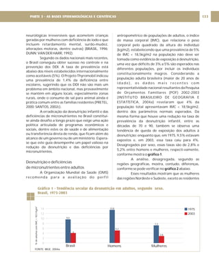 neurológicas irreversíveis que acometem crianças
geradas por mulheres com deficiência de iodo e que
incluem retardamento mental, surdo-mudez,
alterações motoras, dentre outras) (BRASIL, 1996;
DUNN; VAN DER HARR, 1992).
Segundo os dados nacionais mais recentes,
o Brasil conseguiu obter sucesso no controle e na
prevenção dos DDI. A taxa de prevalência está
abaixo dos níveis estabelecidos internacionalmente
como aceitáveis (5%). O Projeto Thyromobil indicou
uma prevalência de 1,4% da deficiência entre
escolares, sugerindo que os DDI não são mais um
problema em âmbito nacional, mas provavelmente
se mantêm em alguns locais, especialmente zonas
rurais, onde o consumo de sal para animal ainda é
prática comum entre as famílias residentes (PRETEL,
2000; SANTOS, 2002c).
A erradicação da desnutrição infantil e das
deficiências de micronutrientes no Brasil constitui-
se ainda desafio a longo prazo que exige uma ação
política articulada de programas econômicos e
sociais, dentre estes os de saúde e de alimentação
ou transferência direta de renda, que ficam além do
alcance de um governo ou de um ministério. Espera-
se que este guia desempenhe um papel valioso na
redução da desnutrição e das deficiências por
micronutrientes.
A Organização Mundial da Saúde (OMS)
recomenda para a avaliação do perfil
Desnutrição e deficiências
de micronutrientes entre adultos
antropométrico de populações de adultos, o índice
de massa corporal (IMC), que relaciona o peso
corporal pelo quadrado da altura do indivíduo
(kg/m2), estabelecendo que uma prevalência de 5%
de IMC < 18,5kg/m2 na população não deve ser
tomada como evidência de exposição à desnutrição,
uma vez que déficits de 3% a 5% são esperados nas
diferentes populações, por incluir os indivíduos
constitucionalmente magros. Considerando a
população adulta brasileira (maior de 20 anos de
i d a d e ) , o s d a d o s m a i s r e c e n t e s c o m
representatividade nacional resultantes da Pesquisa
de Orçamentos Familiares (POF) 2002-2003
(INSTITUTO BRASILEIRO DE GEOGRAFIA E
ESTATÍSTICA, 2004a) revelaram que 4% da
população total apresentavam IMC < 18,5kg/m2,
dentro dos parâmetros normais esperados. Da
mesma forma que houve uma redução na taxa de
prevalência da desnutrição infantil, entre as
décadas de 70 e 90, também se observa uma
tendência de queda de exposição dos adultos à
desnutrição: enquanto que, em 1975, 9,5% estavam
expostos e, em 2003, essa taxa caiu para 4%.
Desagregados por sexo, essas taxas são de 2,8% e
5,2% entre homens e mulheres, respecti-vamente,
conforme mostra o .
A análise, desagregada, segundo as
regiões geográficas, mostra, contudo, diferenças,
conforme se pode verificar no abaixo.
Esses resultados mostram que as mulheres
das regiões Nordeste e Sudeste, exceto as residentes
gráfico 1
gráfico 2
133
PARTE 3 - AS BASES EPIDEMIOLÓGICAS E CIENTÍFICAS
Gráfico 1 - Tendência secular da desnutrição em adultos, segundo sexo.
Brasil, 1975-2003
14
12
10
8
6
4
2
0
Brasil Homens Mulheres
1975
2003
9,5
4
13,8
5,2
7,2
2,8
%
de
adultos
com
IMC
<
18,5
Kg/m
2
FONTE: IBGE, 2004a.
 