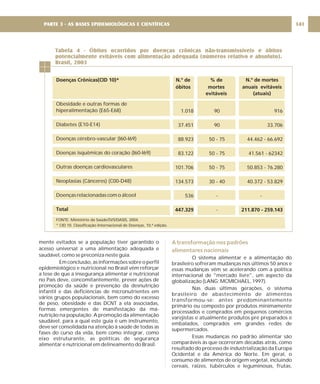 Doenças Crônicas(CID 10)*
Obesidade e outras formas de
hiperalimentação (E65-E68)
Diabetes (E10-E14)
Doenças cérebro-vascular (I60-I69)
Doenças isquêmicas do coração (I60-I69)
Outras doenças cardiovasculares
Neoplasias (Cânceres) (C00-D48)
Doenças relacionadas com o álcool
Total
mente evitados se a população tiver garantido o
acesso universal a uma alimentação adequada e
saudável, como se preconiza neste guia.
Em conclusão, as informações sobre o perfil
epidemiológico e nutricional no Brasil vêm reforçar
a tese de que a insegurança alimentar e nutricional
no País deve, concomitantemente, prever ações de
promoção da saúde e prevenção da desnutrição
infantil e das deficiências de micronutrientes em
vários grupos populacionais, bem como do excesso
de peso, obesidade e das DCNT a ela associadas,
formas emergentes de manifestação da má-
nutrição na população. A promoção da alimentação
saudável, para a qual este guia é um instrumento,
deve ser consolidada na atenção à saúde de todas as
fases do curso da vida, bem como integrar, como
eixo estruturante, as políticas de segurança
alimentar e nutricional em delineamento do Brasil.
A transformação nos padrões
alimentares nacionais
O sistema alimentar e a alimentação do
brasileiro sofreram mudanças nos últimos 50 anos e
essas mudanças vêm se acelerando com a política
internacional de "mercado livre", um aspecto da
globalização (LANG; MCMICHAEL, 1997).
Nas duas últimas gerações, o sistema
brasileiro de abastecimento de alimentos
transformou-se: antes predominantemente
primário ou composto por produtos minimamente
processados e comprados em pequenos comércios
varejistas e atualmente produtos pré preparados e
embalados, comprados em grandes redes de
supermercados.
Essas mudanças no padrão alimentar são
comparáveis às que ocorreram décadas atrás, como
resultado do processo de industrialização da Europa
Ocidental e da América do Norte. Em geral, o
consumo de alimentos de origem vegetal, incluindo
cereais, raízes, tubérculos e leguminosas, frutas,
Tabela 4 - Óbitos ocorridos por doenças crônicas não-transmissíveis e óbitos
potencialmente evitáveis com alimentação adequada (números relativo e absoluto).
Brasil, 2003
N.º de
óbitos
% de
mortes
evitáveis
N.º de mortes
anuais evitáveis
(atuais)
1.018
37.451
88.923
83.122
101.706
134.573
536
447.329
90
90
50 - 75
50 - 75
50 - 75
30 - 40
-
-
916
33.706
44.462 - 66.692
41.561 - 62342
50.853 - 76.280
40.372 - 53.829
-
211.870 - 259.143
FONTE: Ministério da Saúde/SVS/DASIS, 2004.
* CID 10. Classificação Internacional de Doenças, 10.ª edição.
141
PARTE 3 - AS BASES EPIDEMIOLÓGICAS E CIENTÍFICAS
 