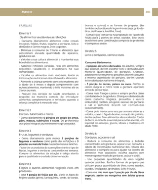 FAMÍLIAS
Diretriz 1
Os alimentos saudáveis e as refeições
Diretriz 2
Cereais, tubérculos e raízes
Diretriz 3
Frutas, legumes e verduras
Diretriz 4
Feijões e outros alimentos vegetais ricos em
proteínas
- Consuma diariamente alimentos como cereais
integrais, feijões, frutas, legumes e verduras, leite e
derivados e carnes magras, aves ou peixes.
- Diminua o consumo de frituras e alimentos que
contenham elevada quantidade de açúcares,
gorduras e sal.
- Valorize a sua cultura alimentar e mantenha seus
bons hábitos alimentares.
- Saboreie refeições variadas, ricas em alimentos
regionais saudáveis e disponíveis na sua
comunidade.
- Escolha os alimentos mais saudáveis, lendo as
informações nutricionais dos rótulos dos alimentos.
- Alimente a criança somente com leite materno até
à idade de 6 meses e depois complemente com
outros alimentos, mantendo o leite materno até os
2 anos ou mais.
- Procure nos serviços de saúde orientações a
respeito da maneira correta de introduzir
alimentos complementares e refeições quando a
criança completar 6 meses de vida.
Coma diariamente
. Dê preferência
aos grãos integrais ou minimamente processados.
Coma diariamente pelo menos
como parte das refeições e
nas sobremesas e lanches.
- Valorize os produtos da sua região e varie o tipo de
frutas, legumes e verduras consumidos na semana.
Compre os alimentos da estação e esteja atento
para a qualidade e o estado de conservação.
oma . Varie os tipos de
feijões usados (preto, carioquinha, verde, de-corda,
- 6 porções do grupo do arroz,
pães, massas, tubérculos e raízes
- 3 porções de
legumes e verduras 3
porções ou mais de frutas
- 1 porção de feijão por dia
branco e outros) e as formas de preparo. Use
também outros tipos de leguminosas (soja, grão-de-
bico, ervilha seca, lentilha, fava).
- Coma feijão com arroz na proporção de 1 parte de
feijão para 2 partes de arroz, cozidos. Esse prato
brasileiro é uma combinação completa de proteínas
e bom para a saúde.
. Os adultos, sempre
que possível, devem escolher leite e derivados com
menores quantidades de gorduras. Crianças,
adolescentes e mulheres gestantes devem consumir
a mesma quantidade de porções, porém usando
leite e derivados na forma integral
Prefira as
carnes magras e retire toda a gordura aparente
antes da preparação.
- Coma mais frango e peixe e sempre prefira carne
com baixo teor de gordura. Charque e derivados de
carne (salsicha, lingüiça, presuntos e outros
embutidos) contêm, em geral, excesso de gorduras
e sal e somente devem ser consumidos
ocasionalmente.
- Coma pelo menos uma vez por semana vísceras e
miúdos, como o fígado bovino, coração de galinha,
dentre outros. Esses alimentos são excelentes fontes
de ferro, nutriente essencial para evitar anemia, em
especial em crianças, jovens, idosos e mulheres em
idade fértil.
- Reduza o consumo de alimentos e bebidas
concentrados em gorduras, açúcar e sal. Consulte a
tabela de informação nutricional dos rótulos dos
alimentos e compare-os para ajudar na escolha de
alimentos mais saudáveis; escolha aqueles com
menores percentuais de gorduras, açúcar e sódio.
- Use pequenas quantidades de óleo vegetal
quando cozinhar. Prefira formas de preparo que
utilizam pouca quantidade de óleo, como assados,
cozidos, ensopados, grelhados. Evite frituras.
- Consuma
Diretriz 5
Leite e derivados, carnes e ovos
Diretriz 6
Gorduras, açúcares e sal
Consuma diariamente:
- 3 porções de leite e derivados
.
- 1 porção de carnes, peixes ou ovos.
não mais que 1 porção por dia de óleos
vegetais, azeite ou margarina sem ácidos graxos
trans.
203
ANEXO D
 