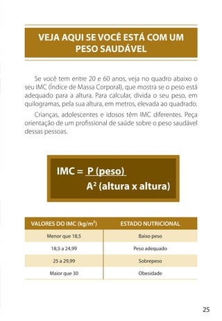 25
Se você tem entre 20 e 60 anos, veja no quadro abaixo o
seu IMC (Índice de Massa Corporal), que mostra se o peso está
adequado para a altura. Para calcular, divida o seu peso, em
quilogramas, pela sua altura, em metros, elevada ao quadrado.
Crianças, adolescentes e idosos têm IMC diferentes. Peça
orientação de um profissional de saúde sobre o peso saudável
dessas pessoas.
IMC = P (peso)
A2
(altura x altura)
VALORES DO IMC (kg/m2) ESTADO NUTRICIONAL
Menor que 18,5 Baixo peso
18,5 a 24,99 Peso adequado
25 a 29,99 Sobrepeso
Maior que 30 Obesidade
VEJA AQUI SE VOCÊ ESTÁ COM UM
PESO SAUDÁVEL
 