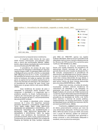 ocorre somente na classe de menor rendimento.
O inquérito sobre fatores de risco para
DCNT fornece informações auto-referidas sobre
peso e altura dos entrevistados (BRASIL, 2004e),
porém, alguns desses resultados são muito similares
aos encontrados pela POF 2002-2003.
A prevalência de excesso de peso (que
soma casos de sobrepeso e obesidade) em algumas
capitais chegou a 40%. O sobrepeso (IMC entre 25,0
e 29,9kg/m2) variou de 23% a 33,5% e a obesidade
(IMC 30kg/m2) entre 8,1% e 12,9%. A prevalência
de sobrepeso foi sempre maior entre os homens que
entre as mulheres, em todas as capitais. De modo
geral, as capitais do Sul e Sudeste apresentaram as
taxas mais elevadas de sobrepeso e de obesidade e
as prevalências de excesso de peso foram mais
baixas para os grupos etários mais jovens (BRASIL,
2004e).
Essas tendências de excesso de peso e
obesidade na população adulta brasileira vêm
comprovar a gravidade e a magnitude que o
problema assumiu no Brasil, fundamentando a
urgência de intervenções que façam retroceder o
avanço do excesso de peso e, concomitantemente,
das outras DCNT no Brasil.
Em relação à obesidade entre crianças
menores de 5 anos, três inquéritos nacionais
permitem identificar a prevalência: Endef (1974-
1975), PNSN (1989), PNDS (1996) (INSTITUTO
BRASILEIRO DE GEOGRAFIA E ESTATÍSTICA, 1977;
INSTITUTO NACIONAL DE ALIMENTAÇÃO E
NUTRIÇÃO, 1990; INSTITUTO BRASILEIRO DE
GEOGRAFIA E ESTATÍSTICA, 1997). Os dados
indicam uma tendência de manutenção das
prevalências (4,6%, 4,6% e 4,3%, respectivamente).
Comparando-se os dados do ENDEF com os dados de
Pesquisa de Padrões de Vida, também realizada
pelo IBGE em 1996/1997, apenas nas regiões
Sudeste e Nordeste, observa-se que a prevalência de
obesidade triplicou entre crianças e adolescentes de
6 a 18 anos: em 1975 era de 4,1% e aumentou para
13,9% em 1997 (WANG et al, 2002).
Conforme se discutiu anteriormente,
houve uma queda expressiva da prevalência de
desnutrição infantil, estimada em 70% para o
período decorrido entre meados da década de 70 e
90; contudo, comparando-se as prevalências de
desnutrição e de obesidade entre crianças, observa-
se que, em meados da década de 70, havia quatro
vezes mais crianças desnutridas do que obesas, e
essa proporção, ao final da década de 80, diminuiu
para pouco menos de duas crianças desnutridas
para uma obesa (MONTEIROet al., 2000).
Dados mais recentes, oriundos de estudos
localizados, também referem tendências de
crescimento da obesidade e do sobrepeso na
população mais jovem. Em estudo realizado na
Região Sudeste, em amostra de 10.822 escolares de
7 a 10 anos, foram observadas taxas de sobrepeso de
15,7% e de 18% de obesidade. Foram encontradas
prevalências de obesidade de 16,9% e de 14,3%
entre meninos e meninas de escolas públicas,
respectivamente. Em escolas particulares, as taxas
de obesidade foram, de 29,8% em meninos e 20,3%
em meninas (COSTA et al., 2003b).
Finalmente, a mostra o percentual
de óbitos potencialmente evitáveis por meio de
uma alimentação adequada. Verifica-se que entre
40% e 90% dos óbitos anuais por DCNT, de acordo
com o grupo de doenças, podem ser potencial-
mente evitados se a população tiver garantido o
acesso universal a uma alimentação adequada e
saudável, como se preconiza neste guia.
tabela 4
GUIA ALIMENTAR PARA A POPULAÇÃO BRASILEIRA140
Gráfico 7 - Prevalência de obesidade, segundo a renda. Brasil, 2003
16
14
12
10
8
6
4
2
0
Homens Mulheres
< 1/4smpc
1/4 - 1/2 smpc
1/2 - 1 smpc
2,7
4,1
8,8
11
13,5
7,6
8,8
14,4
13
12,7
13,7
11,7
1 - 2 smpc
2 - 5 smpc
> 5 smpc
%IMC30Kg/m>2
FONTE: IBGE, 2004a.
Salário Mínimo Per Capita
 