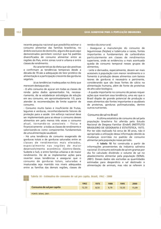 recente pesquisa nacional que possibilita estimar o
consumo alimentar das famílias brasileiras, no
âmbito exclusivo do domicílio, alguns dos quais aqui
demonstrados permitem concluir que há padrões
diversificados de consumo alimentar entre as
regiões do País, entre zonas rural e urbana e entre
classes de rendimento.
As características da dieta que são positivas
e confirmam as tendências temporais desde a
década de 70 são a adequação do teor protéico da
alimentação e a participação crescente das gorduras
vegetais.
Já as tendências inadequadas na dieta que
merecem destaque são:
- O alto consumo de açúcar em todas as classes de
renda: pelos dados apresentados há, necessa-
riamente, de se estabelecer estratégias de edução
em seu consumo, em aproximadamente 1/3, para
atender às recomendações de limite superior de
consumo.
- Consumo muito baixo e insuficiente de frutas,
legumes e verduras, reconhecidamente fatores de
proteção para a saúde. Um esforço nacional deve
ser implementado para se elevar o consumo desses
alimentos em pelo menos três vezes o consumo
atual, tornando-os acessíveis - física e
financeiramente - a todas as classes de rendimento e
valorizando-os como componentes fundamentais
de uma alimentação saudável;
- Há uma tendência de consumo exagerado de
gorduras totais e de gorduras saturadas entre as
classes de rendimentos mais elevados,
e s p e c i a l m e n t e n a s r e g i õ e s d e m a i o r
desenvolvimento econômico (Centro-Oeste,
Sudeste e Sul), e entre famílias urbanas e de maior
rendimento. Há de se implementar ações para
reverter essas tendências e assegurar que o
consumo de gorduras totais, saturadas e
insaturadas seja mantido nos níveis adequados
entre as famílias das demais regiões, classes de
renda e da zona rural;
- Assegurar a manutenção do consumo de
leguminosas (feijões) e tubérculos e raízes, fontes
importantes e fundamentais de carboidratos
particularmente em classes de rendimentos
superiores, onde se evidenciou a mais acentuada
queda de consumo temporal nesses grupos de
alimentos;
- Leite e derivados, especialmente, devem ser mais
acessíveis à população com menor rendimento e o
fomento à produção desses alimentos com baixos
teores de gorduras é necessário e pertinente,
considerando que são boas fontes de cálcio na
alimentação humana, além de fonte de proteínas
de alto valor biológico;
- A queda importante no consumo de peixes requer
ações que revertam essa tendência, uma vez que o
Brasil dispõe de grande potencial de produção e
esses alimentos são fontes importantes e saudáveis
de proteínas, gorduras poliinsaturadas, dentre
outros nutrientes.
A última estatística de consumo de sal pela
população brasileira foi aferida pelo Estudo
Nacional de Despesa Familiar (Endef) (INSTITUTO
BRASILEIRO DE GEOGRAFIA E ESTATÍSTICA, 1977).
Por ter sido realizado há cerca de 30 anos, não é
apropriada a utilização dessa informação devido às
mudanças ocorridas no padrão de consumo
alimentar pela população nesse período.
A foi construída a partir de
informações provenientes da indústria salineira
nacional. O consumo estimado de sal em gramas por
dia foi calculado dividindo o volume de sal no
abastecimento alimentar pela população (SENAI,
2001). Desses dados são excluídas as quantidades
estimadas para desperdício e sal destinado à
alimentação de animais, mas não se referem à
Consumo de sal no Brasil
tabela 10
12,33 8,55 9,79 13,55 15,09
Tabela 10 - Estimativa do consumo de sal per capita. Brasil, 1962 - 2000
Consumo de sal per capita
1962 1975 1988 1995 2000
GUIA ALIMENTAR PARA A POPULAÇÃO BRASILEIRA152
FONTE: SENAI, 2001.
 