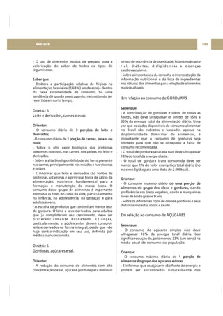 - O uso de diferentes modos de preparo para a
valorização do sabor de todos os tipos de
leguminosas.
- Embora a participação relativa de feijões na
alimentação brasileira (5,68%) ainda esteja dentro
da faixa recomendada de consumo, há uma
tendência de queda preocupante, necessitando ser
revertida em curto tempo.
- O consumo diário de
- O consumo diário de
- Sobre o alto valor biológico das proteínas
presentes nos ovos, nas carnes, nos peixes, no leite e
derivados.
- Sobre a alta biodisponibilidade do ferro presente
nas carnes, principalmente nos miúdos e nas vísceras
e peixes.
- E informar que leite e derivados são fontes de
proteínas, vitaminas e a principal fonte de cálcio da
alimentação, nutriente fundamental para a
formação e manutenção da massa óssea. O
consumo desse grupo de alimentos é importante
em todas as fases do curso da vida, particularmente
na infância, na adolescência, na gestação e para
adultos jovens.
- A escolha de produtos que contenham menor teor
de gordura. O leite e seus derivados, para adultos
que já completaram seu crescimento, deve ser
preferencialmente desnatado. Crianças,
particularmente, e adolescentes devem consumir
leite e derivados na forma integral, desde que não
haja contra-indicação em seu uso, definida por
médico ou nutricionista.
- A redução do consumo de alimentos com alta
concentração de sal, açúcar e gordura para diminuir
Saber que:
Orientar:
3 porções de leite e
derivados;
1 porção de carnes, peixes ou
ovos;
Orientar:
Diretriz 5
Leite e derivados, carnes e ovos
Diretriz 6
Gorduras, açúcares e sal.
o risco de ocorrência de obesidade, hipertensão arte-
rial, diabetes, dislipidemias e doenças
cardiovasculares.
- Sobre a importância da consulta e interpretação da
informação nutricional e da lista de ingredientes
nos rótulos dos alimentos para seleção de alimentos
mais saudáveis.
- A contribuição de gorduras e óleos, de todas as
fontes, não deve ultrapassar os limites de 15% a
30% da energia total da alimentação diária. Uma
vez que os dados disponíveis de consumo alimentar
no Brasil são indiretos e baseados apenas na
disponibilidade domiciliar de alimentos, é
importante que o consumo de gorduras seja
limitado para que não se ultrapasse a faixa de
consumo recomendada.
- O total de gordura saturada não deve ultrapassar
10% do total da energia diária.
- O total de gordura trans consumida deve ser
menor que 1% do valor energético total diário (no
máximo 2g/dia para uma dieta de 2.000kcal).
- O consumo máximo diário de
, dando
preferência aos óleos vegetais, azeite e margarinas
livres de ácido graxos trans.
- Sobre os diferentes tipos de óleos e gorduras e seus
distintos impactos sobre a saúde.
- O consumo de açúcares simples não deve
ultrapassar 10% da energia total diária. Isso
significa redução de, pelo menos, 33% (um terço) na
média atual de consumo da população.
- O consumo máximo diário de
.
- E informar que os açúcares são fonte de energia e
podem ser encontrados naturalmente nos
Em relação ao consumo de GORDURAS
Em relação ao consumo de AÇÚCARES
Saber que:
Orientar:
uma porção de
alimentos do grupo dos óleos e gorduras
Saber que:
Orientar:
1 porção de
alimentos do grupo dos açúcares e doces
199ANEXO D
 