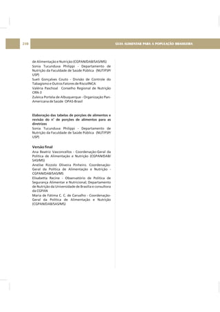 de Alimentação e Nutrição (CGPAN/DAB/SAS/MS)
Sonia Tucunduva Philippi - Departamento de
Nutrição da Faculdade de Saúde Pública (NUT/FSP/
USP)
Sueli Gonçalves Couto - Divisão de Controle do
Tabagismo e Outros Fatores de Risco/INCA
Valéria Paschoal Conselho Regional de Nutrição
CRN-3
Zuleica Portela de Albuquerque - Organização Pan-
Americana de Saúde OPAS-Brasil
Sonia Tucunduva Philippi - Departamento de
Nutrição da Faculdade de Saúde Pública (NUT/FSP/
USP)
Ana Beatriz Vasconcellos - Coordenação-Geral da
Política de Alimentação e Nutrição (CGPAN/DAB/
SAS/MS)
Anelise Rizzolo Oliveira Pinheiro. Coordenação-
Geral da Política de Alimentação e Nutrição -
CGPAN/DAB/SAS/MS
Elisabetta Recine - Observatório de Política de
Segurança Alimentar e Nutricional; Departamento
de Nutrição da Universidade de Brasília e consultora
da CGPAN
Maria de Fátima C. C. de Carvalho - Coordenação-
Geral da Política de Alimentação e Nutrição
(CGPAN/DAB/SAS/MS)
Elaboração das tabelas de porções de alimentos e
revisão do n de porções de alimentos para as
diretrizes
o
Versão final
GUIA ALIMENTAR PARA A POPULAÇÃO BRASILEIRA210
 