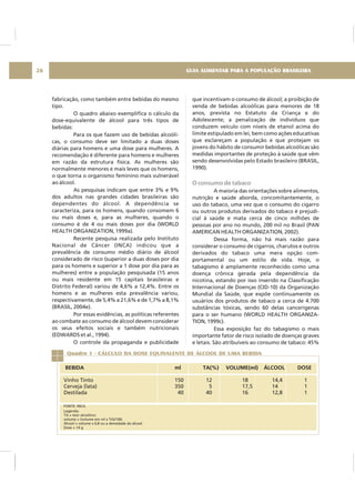 fabricação, como também entre bebidas do mesmo
tipo.
O quadro abaixo exemplifica o cálculo da
dose-equivalente de álcool para três tipos de
bebidas:
Para os que fazem uso de bebidas alcoóli-
cas, o consumo deve ser limitado a duas doses
diárias para homens e uma dose para mulheres. A
recomendação é diferente para homens e mulheres
em razão da estrutura física. As mulheres são
normalmente menores e mais leves que os homens,
o que torna o organismo feminino mais vulnerável
ao álcool.
As pesquisas indicam que entre 3% e 9%
dos adultos nas grandes cidades brasileiras são
dependentes do álcool. A dependência se
caracteriza, para os homens, quando consomem 6
ou mais doses e, para as mulheres, quando o
consumo é de 4 ou mais doses por dia (WORLD
HEALTH ORGANIZATION, 1999a).
Recente pesquisa realizada pelo Instituto
Nacional de Câncer (INCA) indicou que a
prevalência de consumo médio diário de álcool
considerado de risco (superior a duas doses por dia
para os homens e superior a 1 dose por dia para as
mulheres) entre a população pesquisada (15 anos
ou mais residente em 15 capitais brasileiras e
Distrito Federal) variou de 4,6% a 12,4%. Entre os
homens e as mulheres esta prevalência variou,
respectivamente, de 5,4% a 21,6% e de 1,7% a 8,1%
(BRASIL, 2004e).
Por essas evidências, as políticas referentes
ao combate ao consumo de álcool devem considerar
os seus efeitos sociais e também nutricionais
(EDWARDS et al., 1994).
O controle da propaganda e publicidade
que incentivam o consumo de álcool; a proibição de
venda de bebidas alcoólicas para menores de 18
anos, prevista no Estatuto da Criança e do
Adolescente; a penalização de indivíduos que
conduzem veículo com níveis de etanol acima do
limite estipulado em lei, bem como ações educativas
que esclareçam a população e que protejam os
jovens do hábito de consumir bebidas alcoólicas são
medidas importantes de proteção à saúde que vêm
sendo desenvolvidas pelo Estado brasileiro (BRASIL,
1990).
A maioria das orientações sobre alimentos,
nutrição e saúde aborda, concomitantemente, o
uso do tabaco, uma vez que o consumo do cigarro
ou outros produtos derivados do tabaco é prejudi-
cial à saúde e mata cerca de cinco milhões de
pessoas por ano no mundo, 200 mil no Brasil (PAN
AMERICAN HEALTH ORGANIZATION, 2002).
Dessa forma, não há mais razão para
considerar o consumo de cigarros, charutos e outros
derivados do tabaco uma mera opção com-
portamental ou um estilo de vida. Hoje, o
tabagismo é amplamente reconhecido como uma
doença crônica gerada pela dependência da
nicotina, estando por isso inserido na Classificação
Internacional de Doenças (CID-10) da Organização
Mundial da Saúde, que expõe continuamente os
usuários dos produtos de tabaco a cerca de 4.700
substâncias tóxicas, sendo 60 delas cancerígenas
para o ser humano (WORLD HEALTH ORGANIZA-
TION, 1999c).
Essa exposição faz do tabagismo o mais
importante fator de risco isolado de doenças graves
e letais. São atribuíveis ao consumo de tabaco: 45%
O consumo de tabaco
GUIA ALIMENTAR PARA A POPULAÇÃO BRASILEIRA26
Quadro 1 - CÁLCULO DA DOSE EQUIVALENTE DE ÁLCOOL DE UMA BEBIDA
Vinho Tinto 150 12 18 14,4 1
Cerveja (lata) 350 5 17,5 14 1
Destilada 40 40 16 12,8 1
BEBIDA ml TA(%) VOLUME(ml) ÁLCOOL DOSE
Legenda:
TA = teor alcoólico;
volume = (volume em ml x TA)/100;
Álcool = volume x 0,8 ou a densidade do álcool
Dose = 14 g
FONTE: INCA.
 