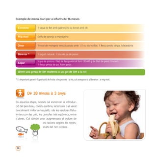 Exemple de menú diari per a infants de 16 mesos


  Esmorzar               1 tassa de llet amb galetes i/o pa torrat amb oli


  Mig matí               Grills de taronja o mandarina


  Dinar                  Trinxat de mongeta verda i patata amb 1/2 ou dur ratllat. 1 llesca petita de pa. Macedònia


  Berenar *              1 iogurt natural. 1 tros de pa de pessic

                         Sopa de pistons. Filet de llenguado al forn (30-40 g de filet de peix). Enciam.
  Sopar
                         1 llesca petita de pa. Raïm pelat

  Oferir una presa de llet materna o un got de llet a la nit

* És important garantir l’aportació de fruita a les postres, i si no, cal assegurar-la al berenar i a mig matí.




             De 18 mesos a 3 anys

En aquesta etapa, només cal esmentar la introduc-
ció del peix blau, com la sardina, la tonyina o el verat
(inicialment millor sense pell), i de les verdures flatu-
lentes com les cols, les carxofes i els espàrrecs, entre
d’altres. Cal també anar augmentant el volum de
                         les racions segons les neces-
                         sitats del nen o nena.




 20
 