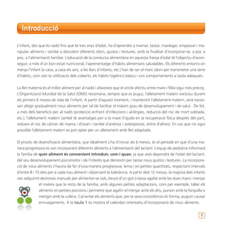 Introducció

L’infant, des que és nadó fins que té tres anys d’edat, ha d’aprendre a mamar, tastar, mastegar, empassar i ma-
nipular aliments i també a descobrir diferents olors, gustos i textures, amb la finalitat d’incorporar-se, a poc a
poc, a l’alimentació familiar. L’educació de la conducta alimentària en aquesta franja d’edat té l’objectiu d’acon-
seguir, a més d’un bon estat nutricional, l’aprenentatge d’hàbits alimentaris saludables. Els diferents entorns on
menja l’infant (a casa, a casa els avis, a les llars d’infants, etc.) han de ser el marc idoni per transmetre una sèrie
d’hàbits, com són la utilització dels coberts, els hàbits higiènics bàsics i uns comportaments a taula adequats.


La llet materna és el millor aliment per al nadó i afavoreix que el vincle afectiu entre mare i fill/a sigui més precoç.
L’Organització Mundial de la Salut (OMS) recomana, sempre que es pugui, l’alletament matern exclusiu durant
els primers 6 mesos de vida de l’infant. A partir d’aquest moment, i mantenint l’alletament matern, serà neces-
sari afegir gradualment nous aliments per tal de facilitar el màxim grau de desenvolupament i de salut. De fet,
a més dels beneficis per al nadó (protecció enfront d’infeccions i al·lèrgies, reducció del risc de mort sobtada,
etc.), l’alletament matern també té avantatges per a la mare (l’ajuda en la recuperació física després del part,
redueix el risc de càncer de mama i d’ovari i també d’anèmia i osteoporosi, entre d’altres). En cas que no sigui
possible l’alletament matern es pot optar per un alletament amb llet adaptada.


El procés de diversificació alimentària, que idealment s’ha d’iniciar als 6 mesos, és el període en què d’una ma-
nera progressiva es van incorporant diferents aliments a l’alimentació del lactant. L’equip de pediatria informarà
la família de quin aliment és convenient introduir, com i quan, ja que això dependrà de l’edat del lactant,
del seu desenvolupament psicomotor i de l’interès que demostri per tastar nous gustos i textures. La incorpora-
ció de nous aliments s’hauria de fer d’una manera progressiva, lenta i en petites quantitats, respectant intervals
d’entre 8 i 15 dies per a cada nou aliment i observant la tolerància. A partir dels 12 mesos, la majoria dels infants
van adquirint destreses manuals per alimentar-se sols, beure d’un got o tassa agafat amb les dues mans i menjar
              el mateix que la resta de la família, amb algunes petites adaptacions, com per exemple, tallar els
              aliments en petites porcions i permetre que agafin el menjar amb els dits, punxin amb la forquilla o
              mengin amb la cullera. Cal evitar els aliments que, per la seva consistència i/o forma, puguin causar
              ennuegaments. A la taula 1 es mostra el calendari orientatiu d’incorporació de nous aliments.


                                                                                                                     7
 