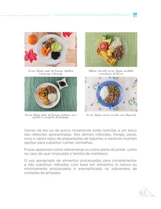 GHDo~FDUHGH´EUDVHTXHR 
seu teor em vitaminas e minerais é, 
na maior parte das vezes, bastante 
superior ao teor médio observado 
no Brasil. 
Pequenas mudanças no consumo 
desses brasileiros que baseiam sua 
alimentação em alimentos in natura 
ou minimamente processados, 
incluindo o aumento na ingestão 
de legumes e verduras e a redução 
no consumo de carnes vermelhas, 
WRUQDULDPRSHU´OQXWULFLRQDOGHVXD 
alimentação praticamente ideal. 
A alimentação desses brasileiros, 
que são encontrados em todas 
as regiões do País e em todas as 
classes de renda, será tomada como 
base para as opções de refeições 
mostradas na seção seguinte deste 
capítulo. 
OPÇÕES DE REFEIÇÕES 
SAUDÁVEIS 
Esta seção descreve exemplos de 
refeições saudáveis, todos extraídos 
do grupo de brasileiros cujo 
consumo de alimentos in natura 
ou minimamente processados 
e suas preparações culinárias 
correspondem a pelo menos 85% 
do total de calorias da alimentação. 
Procuramos representar homens e 
mulheres, os vários grupos etários 
(a partir de dez anos), as cinco 
grandes regiões do País, o meio 
urbano e o rural e todas as classes 
de renda. 
Os exemplos focalizam as três 
principais refeições do dia: café 
da manhã, almoço e jantar. Entre 
os brasileiros que baseiam sua 
alimentação em alimentos in natura 
ou minimamente processados, 
essas três refeições fornecem 
cerca de 90% do total de calorias 
consumidas ao longo do dia. 
 