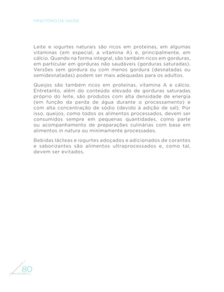 72 
MINISTÉRIO DA SAÚDE 
A fécula extraída da mandioca, também conhecida como polvilho ou 
goma, é usada para o preparo de tapioca e em receitas de pão de queijo. 
Em algumas regiões do Brasil, a tapioca substitui o pão no café da manhã. 
Na preparação de raízes e tubérculos, como na preparação de todos 
os alimentos, vale a mesma recomendação quanto ao uso moderado 
de óleo e de sal e o amplo uso de temperos naturais, incluindo alho, 
cebola, pimenta, salsa, salsinha e cebolinha. Raízes e tubérculos devem 
ser preferentemente cozidos ou assados, pois, quando fritos, absorvem 
grande quantidade de óleo ou gordura. 
5Dt]HV H WXEpUFXORV VmR IRQWHV GH FDUERLGUDWRV H ´EUDV H QR FDVR GH 
algumas variedades, também de minerais e vitaminas, como o potássio 
e as vitaminas A e C. 
 