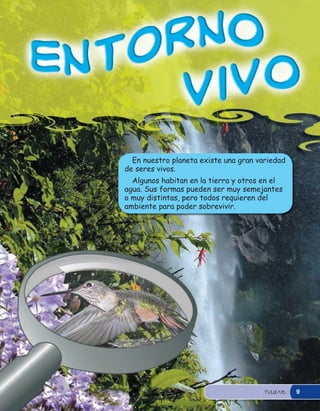 En nuestro planeta existe una gran variedad
de seres vivos.
  Algunos habitan en la tierra y otros en el
agua. Sus formas pueden ser muy semejantes
o muy distintas, pero todos requieren del
ambiente para poder sobrevivir.




                                       nueve    9
 