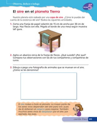 Observa, deduce e indaga
                                                                      Unidad


  El aire en el planeta Tierra
  Nuestro planeta está rodeado por una capa de aire. ¿Cómo te puedes dar
cuenta de la existencia del aire? Realiza las siguientes actividades.
1 . Corta una franja de papel volantín de 15 cm de ancho por 30 cm de
    largo. Haz ecos con ella. Pégala al borde de una mesa según muestra
    la gura.




2 . Agita un abanico cerca de la franja de ecos. ¿Qué sucede? ¿Por qué?
    Compara tus observaciones con las de tus compañeros y compañeras de
    curso.
  ___________________________________________________________________.
3 . Dibuja o pega una fotografía de animales que se muevan en el aire.
    ¿Cómo se les denomina?




        El aire rodea a todo el planeta. La mayor parte de
        los seres vivos dependen del aire para vivir, pues
        de él obtienen el oxígeno para respirar. También
        muchos seres vivos se desplazan por el aire; por
        ejemplo, las aves.

                                                             &ciento &tres     103
 