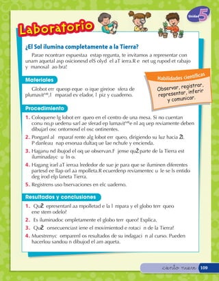 Unidad




¿El Sol ilumina completamente a la Tierra?
    ParaÊe ncontrarÊr espuestaÊa Ê estaÊp regunta,Ê teÊ invitamosÊ aÊ representarÊ conÊ
unaÊm aquetaÊl asÊp osicionesÊd elÊS olÊyÊd eÊl aÊT ierra.ÊR eœ neÊt uÊg rupoÊd eÊt rabajoÊ
yÊÁ manosÊaÊl aÊo bra!
                                                                                                c as
Materiales                                                                  Habilidades cientí
                                                                                          gistrar,
   GloboÊt err‡ queoÊp eque– oÊ (queÊ gire)ÊoÊe sferaÊ deÊ                  O bservar, re
                                                                                        r, inferir
plumavitMR,Êl ‡ mparaÊd eÊv elador,Ê l‡ pizÊ yÊ cuaderno.Ê                  representa        .
                                                                                y comunicar
Procedimiento
1 .Ê ColoquenÊe lÊg loboÊt err‡ queoÊ enÊ elÊ centroÊ deÊ unaÊ mesa.Ê SiÊ noÊ cuentanÊ
     conÊu no,Êp uedenÊu sarÊl aÊe sferaÊd eÊp lumavitMRÊe nÊl aÊq ueÊp reviamenteÊ debenÊ
     dibujarÊl osÊc ontornosÊd eÊl osÊc ontinentes.
2 .Ê PonganÊl aÊl ‡ mparaÊf renteÊ alÊg loboÊt err‡ queo,Ê dirigiendoÊ suÊ luzÊ haciaÊ Ž l.Ê
     P’ danleÊaÊu naÊp ersonaÊa dultaÊq ueÊ laÊe nchufeÊ yÊ encienda.
3 .Ê HaganÊu nÊd ibujoÊd eÊl oÊq ueÊ observan.ÊF ’ jenseÊ quŽÊ parteÊ deÊ laÊ TierraÊ est‡Ê
     iluminadaÊyÊc u‡ lÊn o.Ê
4 .Ê HaganÊg irarÊl aÊT ierraÊa lrededorÊ deÊ suÊe jeÊ paraÊ queÊ seÊ iluminenÊ diferentesÊ
     partesÊd eÊe llaÊp orÊl aÊa mpolleta.ÊR ecuerdenÊp reviamenteÊc u‡ lÊe sÊe lÊs entidoÊ
     deÊg iroÊd elÊp lanetaÊ Tierra.
5 .Ê RegistrenÊs usÊo bservacionesÊ enÊ elÊc uaderno.

Resultados y conclusiones
1 .Ê À QuŽÊr epresentanÊl aÊa mpolletaÊd eÊ laÊ l‡ mparaÊ yÊ elÊ globoÊ terr‡ queoÊ
     enÊe steÊm odelo?
2 .Ê À EsÊ iluminadoÊc ompletamenteÊ elÊ globoÊ terr‡ queo?Ê Explica.
3 .Ê À QuŽÊc onsecuenciasÊt ieneÊ elÊ movimientoÊd eÊ rotaci— nÊ deÊ laÊ Tierra?
4 .Ê MuestrenÊyÊc omparenÊl osÊ resultadosÊ deÊ suÊ indagaci— nÊ alÊ curso.Ê PuedenÊ
     hacerloÊu sandoÊu nÊ dibujoÊd eÊl aÊm aqueta.




                                                                               &ciento nueve            109
 