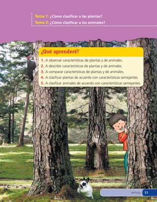 Tema 1: ¿Cómo clasi car a las plantas?
Tema 2: ¿Cómo clasi car a los animales?




   ¿Qué aprenderé?
   1 . A observar características de plantas y de animales.
   2 . A describir características de plantas y de animales.
   3 . A comparar características de plantas y de animales.
   4 . A clasi car plantas de acuerdo con características semejantes.
   5 . A clasi car animales de acuerdo con características semejantes.




                                                                &once    11
 
