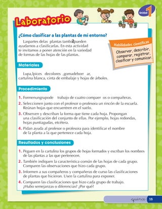 Unidad




¿Cómo clasif icar a las plantas de mi entorno?
    LasÊpartes ÊdeÊlas Êplantas ÊtambiŽnÊpuedenÊ                                 c as
ayudarnos a clasiﬁcarlas. En esta actividad                   Habilidades cientí
                                                                             scribir,
te invitamos a poner atención en la variedad
                                                               O  bservar, de
                                                                             gistrar,
de formas de las hojas de las plantas.
                                                                comparar, re nicar.
                                                                           comu
                                                               clasiﬁcar y
Materiales

   Lupa,Êl‡pices ÊdeÊcolores ,ÊgomaÊdeÊborr ar,Ê
cartulina blanca, cinta de embalaje y hojas de árboles.

Procedimiento

1 .Ê FormenÊunÊgrupoÊdeÊ   trabajoÊ deÊ cuatroÊ compa–er osÊ o compañeras.
2 . Seleccionen junto con el profesor o profesora un rincón de la escuela.
    Reúnan hojas que encuentren en el suelo.
3 . Observen y describan la forma que tiene cada hoja. Propongan
    una clasiﬁcación del conjunto de ellas. Por ejemplo, hojas redondas,
    hojas puntiagudas, etcétera.
4 . Pidan ayuda al profesor o profesora para identiﬁcar el nombre
    de la planta a la que pertenece cada hoja.

Resultados y conclusiones

1 . Peguen en la cartulina los grupos de hojas formados y escriban los nombresÊ
    de las plantas a las que pertenecen.
2 . También indiquen la característica común de las hojas de cada grupo.
    Comparen las observaciones que hizo cada grupo.
3 . Informen a sus compañeros y compañeras de curso las clasiﬁcaciones
    de plantas que hicieron. Usen la cartulina para exponer.
4 . Comparen las clasiﬁcaciones que hizo cada grupo de trabajo.
    ¿Hubo semejanzas o diferencias? ¿Por qué?


                                                                         &quince      15
 