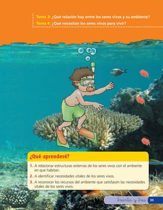 Tema 3: ¿Qué relación hay entre los seres vivos y su ambiente?
    Tema 4: ¿Qué necesitan los seres vivos para vivir?




¿Qué aprenderé?
1 . A relacionar estructuras externas de los seres vivos con el ambiente
    en que habitan.
2 . A identi car necesidades vitales de los seres vivos.
3 . A reconocer los recursos del ambiente que satisfacen las necesidades
    vitales de los seres vivos.


                                                           &treinta y &tres   33
 
