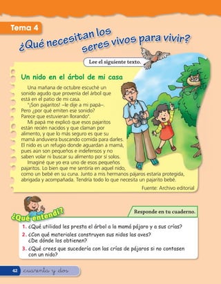 Tema 4
                 an los ivos para vivir?
            cesit res v
     ¿Qué ne     se
                                  Lee el siguiente texto.

     Un nido en el árbol de mi casa
        Una mañana de octubre escuché un
     sonido agudo que provenía del árbol que
     está en el patio de mi casa.
        "¡Son pajaritos! –le dije a mi papá–.
     Pero ¿por qué emiten ese sonido?
     Parece que estuvieran llorando".
        Mi papá me explicó que esos pajaritos
     están recién nacidos y que claman por
     alimento, y que lo más seguro es que su
     mamá anduviera buscando comida para darles.
     El nido es un refugio donde aguardan a mamá,
     pues aún son pequeños e indefensos y no
     saben volar ni buscar su alimento por sí solos.
        Imaginé que yo era uno de esos pequeños
     pajaritos. Lo bien que me sentiría en aquel nido,
     como un bebé en su cuna. Junto a mis hermanos pájaros estaría protegida,
     abrigada y acompañada. Tendría todo lo que necesita un pajarito bebé.
                                                            Fuente: Archivo editorial



                   í   ?                              Responde en tu cuaderno.
¿Q u é e n t e n d
     1 . ¿Qué utilidad les presta el árbol a la mamá pájaro y a sus crías?
     2 . ¿Con qué materiales construyen sus nidos las aves?
         ¿De dónde los obtienen?
     3 . ¿Qué crees que sucedería con las crías de pájaros si no contasen
         con un nido?


42   &cuarenta y &dos
 