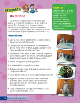 P r o ye ct o
                                                                    Materiales
                                                                    Botella plástica grande
                                                                    transparente, tierra
                                                                    blanda, gravilla,
        Un terrario                                                 piedras, plantas
                                                                    pequeñas, animales
        Los terrarios son pequeños invernaderos con                 de jardín (lombrices,
     los que se recrean las condiciones de un ambiente              caracoles, etcétera),
     natural. En este proyecto te proponemos que                    rociador y cinta adhesiva
     construyas un terrario junto con tus compañeros                transparente.
     y compañeras de grupo. Realícenlo mientras estudian
     los distintos temas que componen las unidades 1 y 2.

     Procedimiento
     1 . Con la ayuda de un adulto corten la botella plástica
         tal como muestra la fotografía.
     2 . Coloquen en la parte inferior de la botella plástica
         gravilla hasta cubrir el fondo. Luego agreguen tierra
         hasta que alcance una altura de 5 cm.
     3 . Entierren las raíces de las plantas. Ubiquen las plantas
         en diferentes lugares del terrario. También las pueden
         disponer clasi cadas, a modo de composición.
     4 . Rocíen con agua las plantas y la tierra.
     5 . A continuación, pongan los animales.
     6 . Coloquen la otra mitad de la botella plástica y fíjenla
         con la cinta adhesiva.
     7 . Vigila diariamente que el terrario permanezca húmedo.
     8 . Registren observaciones diarias de los seres vivos
         presentes en su terrario. Fíjense en los cambios
         que experimentan, las necesidades que pueden
         presentar, etcétera.
     9 . Dejen su terrario en un lugar iluminado de la sala.
         Cuiden su terrario todo el año.


52    &cincuenta y &dos
 