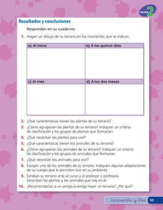 Unidad


Resultados y conclusiones
    Respondan en su cuaderno.
 1. Hagan un dibujo de su terrario en los momentos que se indican.

     a) Al inicio                            b) A los quince días




     c) Al mes                               d) A los dos meses




 2. ¿Qué características tienen las plantas de su terrario?
 3. ¿Cómo agruparían las plantas de su terrario? Indiquen un criterio
    de clasi cación y los grupos de plantas que formarían.
 4. ¿Qué necesitan las plantas para vivir?
 5. ¿Qué características tienen los animales de su terrario?
 6. ¿Cómo agruparían los animales de su terrario? Indiquen un criterio
    de clasi cación y los grupos de animales que formarían.
 7. ¿Qué necesitan los animales para vivir?
 8. Escojan uno de los animales de su terrario. Indiquen algunas adaptaciones
    de su cuerpo que le permiten vivir en su ambiente.
 9. Exhiban su terrario ante el curso y el profesor o profesora.
    Describan las plantas y los animales que hay en él.
10 . ¿Recomendarían a un amigo o amiga hacer un terrario? ¿Por qué?


                                                           &cincuenta y &tres      53
 