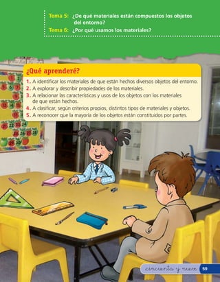 Tema 5: ¿De qué materiales están compuestos los objetos
                   del entorno?
          Tema 6: ¿Por qué usamos los materiales?




¿Qué aprenderé?
1 . A identi car los materiales de que están hechos diversos objetos del entorno.
2 . A explorar y describir propiedades de los materiales.
3 . A relacionar las características y usos de los objetos con los materiales
    de que están hechos.
4 . A clasi car, según criterios propios, distintos tipos de materiales y objetos.
5 . A reconocer que la mayoría de los objetos están constituidos por partes.




                                                        &cincuenta y nueve           59
 