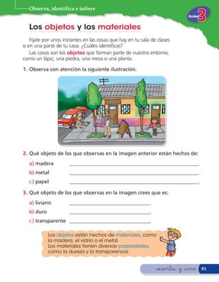 Observa, identifica e infiere
                                                                           Unidad


  Los objetos y los materiales
   Fíjate por unos instantes en las cosas que hay en tu sala de clases
o en una parte de tu casa. ¿Cuáles identi cas?
   Las cosas son los objetos que forman parte de nuestro entorno,
como un lápiz, una piedra, una mesa o una planta.

1 . Observa con atención la siguiente ilustración.




2 . Qué objeto de los que observas en la imagen anterior están hechos de:
  a) madera           ___________________________________________________.
  b) metal            ___________________________________________________.
  c ) papel           ___________________________________________________.

3 . Qué objeto de los que observas en la imagen crees que es:
  a) liviano          ________________________________.
  b) duro             ________________________________.
  c ) transparente ________________________________.

            Los objetos están hechos de materiales, como
            la madera, el vidrio o el metal.
            Los materiales tienen diversas propiedades,
            como la dureza y la transparencia.


                                                               &sesenta y &uno      61
 