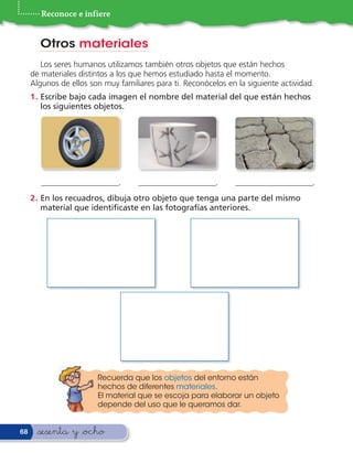 Reconoce e infiere


       Otros materiales
        Los seres humanos utilizamos también otros objetos que están hechos
     de materiales distintos a los que hemos estudiado hasta el momento.
     Algunos de ellos son muy familiares para ti. Reconócelos en la siguiente actividad.
     1 . Escribe bajo cada imagen el nombre del material del que están hechos
         los siguientes objetos.




        ___________________.        ___________________.         ___________________.
     2 . En los recuadros, dibuja otro objeto que tenga una parte del mismo
         material que identi caste en las fotografías anteriores.




                        Recuerda que los objetos del entorno están
                        hechos de diferentes materiales.
                        El material que se escoja para elaborar un objeto
                        depende del uso que le queramos dar.


68     &sesenta y &ocho
 