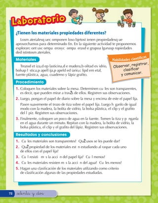 ¿Tienen los materiales propiedades diferentes?
        LosÊm aterialesÊq ueÊc omponenÊ losÊo bjetosÊt ienenÊ propiedadesÊq ueÊ
     aprovechamos para determinado ﬁn. En la siguiente actividad te proponemos
     explorarÊc onÊt usÊc ompa– erosÊyÊc ompa– erasÊd eÊ grupoÊa lgunasÊp ropiedadesÊ
     deÊd istintosÊm ateriales.
                                                                                                         c as
     Materiales                                                                       Habilidades cientí
                                                                                                     gistrar,
        TrozoÊd eÊt iza,Êd eÊp lasticina,Êd eÊ madera,Êb olitaÊd eÊv idrio,Ê           O bservar, re
     bolsaÊp l‡ stica,Êp apelÊl ija,Êp apelÊd eÊd iario,Êc lipÊd eÊm etal,Ê                  clasiﬁcar
                                                                                                        r.
     fuente plástica, agua, cuaderno y lápiz graﬁto.                                        y comunica

     Procedimiento
     1 .Ê ColoquenÊ losÊ materialesÊ sobreÊ laÊ mesa.Ê DeterminenÊ cu‡ lesÊ sonÊ transparentes,Ê
          esÊ decir,Ê queÊ puedenÊ mirarÊ aÊ travŽ sÊ deÊ ellos.Ê RegistrenÊ susÊ observaciones.
     2 .Ê Luego,Ê ponganÊ elÊ papelÊ deÊ diarioÊ sobreÊ laÊ mesaÊ yÊ encimaÊ deÊ esteÊ elÊ papelÊ lija.
        PasenÊ suavementeÊ elÊ trozoÊ deÊ tizaÊ sobreÊ elÊ papelÊ lija.Ê LuegoÊ h‡ ganloÊ deÊ igualÊ
        modo con la madera, la bolita de vidrio, la bolsa plástica, el clip y el graﬁto
        delÊ l‡ piz.Ê RegistrenÊ susÊ observaciones.
     3 .Ê Finalmente,Ê coloquenÊ unÊ pocoÊ deÊ aguaÊ enÊ laÊ fuente.Ê TomenÊ laÊ tizaÊ yÊ p— nganlaÊ
          enÊ elÊ aguaÊ duranteÊ unÊ minuto.Ê RepitanÊ conÊ laÊ madera,Ê laÊ bolitaÊ deÊ vidrio,Ê laÊ
          bolsa plástica, el clip y el graﬁto del lápiz. Registren sus observaciones.

     Resultados y conclusiones
     1 .Ê À Cu‡ lesÊ materialesÊ sonÊ transparentes?Ê À QuŽ Ê usosÊ seÊ lesÊ puedeÊ dar?
     2 .Ê À QuŽ Ê propiedadÊ deÊ losÊ materialesÊ est‡ nÊ estudiandoÊ alÊ rasparÊ cadaÊ unoÊ
           deÊ ellosÊ conÊ elÊ papelÊ lija?
     3 .Ê À Cu‡ lÊ resisti— Ê m‡ sÊ laÊ acci— nÊ delÊ papelÊ lija?Ê À Cu‡ lÊ menos?
     4 .Ê À Cu‡ lesÊ materialesÊ resistenÊ m‡ sÊ laÊ acci— nÊ delÊ agua?Ê À Cu‡ lesÊ menos?
     5 .Ê Hagan una clasiﬁcación de los materiales utilizando como criterio
          de clasiﬁcaciónÊ algunasÊ deÊ lasÊ propiedadesÊ estudiadas.




72   &setenta y &dos
 