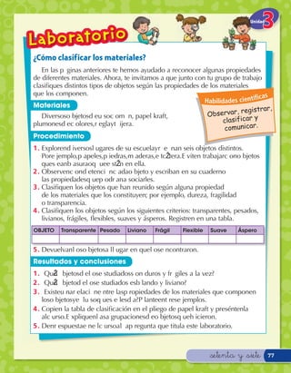 Unidad




¿Cómo clasif icar los materiales?
    EnÊ lasÊ p‡ ginasÊ anterioresÊ teÊ hemosÊ ayudadoÊ aÊ reconocerÊ algunasÊ propiedadesÊ
deÊ diferentesÊ materiales.Ê Ahora,Ê teÊ invitamosÊ aÊ queÊ juntoÊ conÊ tuÊ grupoÊ deÊ trabajoÊ
clasiﬁques distintos tipos de objetos según las propiedades de los materiales
queÊ losÊ componen.
                                                                                             c as
                                                                      Habilidades cientí
Materiales
                                                                                      registrar,
    DiversosÊo bjetosÊd eÊu soÊc omœ n,Ê papelÊ kraft,Ê                 Observar,
plumonesÊd eÊc olores,Êr eglaÊyÊt ijera.ÊÊ                                     clasificar y
                                                                                comunicar.
Procedimiento
1 .Ê ExplorenÊd iversosÊl ugaresÊ deÊ suÊ escuelaÊyÊr eœ nanÊ seisÊ objetosÊ distintos.Ê
     PorÊe jemplo,Êp apeles,Êp iedras,Êm aderas,Êe tcŽ tera.ÊE vitenÊ trabajarÊc onÊo bjetosÊ
     queÊs eanÊb asuraÊoÊq ueÊe stŽ nÊ enÊ ella.
2 .Ê ObservenÊc onÊd etenci— nÊc adaÊo bjetoÊ yÊ escribanÊ enÊ suÊ cuadernoÊ
     lasÊ propiedadesÊq ueÊp odr’ anÊa sociarles.
3 . Clasiﬁquen los objetos que han reunido según alguna propiedad
     deÊ losÊ materialesÊ queÊ losÊ constituyen;Ê porÊ ejemplo,Ê dureza,Ê fragilidadÊ
     oÊ transparencia.
4 . Clasiﬁquen los objetos según los siguientes criterios: transparentes, pesados,
     livianos, frágiles, ﬂexibles, suaves y ásperos. Registren en una tabla.
OBJETO     Transparente Pesado        Liviano     Frágil     Flexible   Suave       Áspero


5 .Ê DevuelvanÊl osÊo bjetosÊa lÊl ugarÊ enÊ queÊl osÊe ncontraron.
Resultados y conclusiones
1 .Ê À QuŽÊo bjetosÊd eÊl osÊe studiadosÊs onÊ durosÊ yÊ fr‡ gilesÊ aÊ laÊ vez?
2 .Ê À QuŽÊo bjetoÊd eÊl osÊe studiadosÊ esÊb landoÊ yÊ liviano?
3 .Ê À ExisteÊu naÊr elaci— nÊe ntreÊ lasÊp ropiedadesÊ deÊ losÊ materialesÊ queÊ componenÊ
      losÊo bjetosÊyÊe lÊu soÊq ueÊs eÊ lesÊd a?ÊP lanteenÊt resÊe jemplos.
4 . Copien la tabla de clasiﬁcación en el pliego de papel kraft y preséntenla
      alÊc urso.ÊE xpliquenÊl asÊa grupacionesÊd eÊo bjetosÊq ueÊh icieron.
5 .Ê DenÊr espuestaÊe nÊe lÊc ursoÊaÊl aÊp reguntaÊ queÊ titulaÊ esteÊ laboratorio.



                                                                        &setenta y &siete         77
 