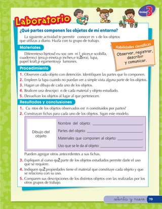 Unidad




¿Qué partes componen los objetos de mi entorno?
  LaÊ siguienteÊ actividadÊ teÊ permitir‡ Ê conocerÊ m‡ sÊ deÊ losÊ objetosÊ
queÊ utilizasÊ aÊ diario.Ê HazlaÊ conÊ tuÊ grupoÊ deÊ trabajo.
                                                                                               c as
Materiales                                                                  Habilidades cientí
                                                                                           gistrar,
  DiferentesÊo bjetosÊd eÊu soÊc omœ nÊ( l‡ pices,Êe scobilla,Ê              O bservar, re
cuaderno,Êt ijera,Êp eineta,Êp inches,Êe tcŽ tera),Ê lupa,Ê                        describir
                                                                                              r.
papelÊ kraft,Êp egamentoÊyÊp lumones.Ê                                            y comunica
Procedimiento
1.     Observen cada objeto con detención. Identiﬁquen las partes que lo componen.
2 .Ê   EmpleenÊ laÊ lupaÊ cuandoÊ noÊ puedanÊ verÊ aÊ simpleÊ vistaÊ algunaÊ parteÊ deÊ losÊ objetos.
3 .Ê   HaganÊ unÊ dibujoÊ deÊ cadaÊ unoÊ deÊ losÊ objetos.
4 .Ê   RealicenÊ unaÊ descripci— nÊ deÊ cadaÊ materialÊ yÊ objetoÊ estudiado.Ê
5 .Ê   DevuelvanÊ losÊ objetosÊ alÊ lugarÊ alÊ queÊ pertenecen.
Resultados y conclusiones
1 .Ê À Cu‡ ntosÊ deÊ losÊ objetosÊ observadosÊ est‡ nÊ constituidosÊ porÊ partes?
2 . Construyan ﬁchas para cada uno de los objetos. Sigan este modelo.

                                Nombre del objeto: __________________________.

            Dibujo del          Partes del objeto: _____________________________.
              objeto
                                Materiales que componen al objeto: _____________.
                                Uso que se le da al objeto: ______________________.

       Pueden agregar otros antecedentes a sus ﬁchas.
3 .Ê ExpliquenÊ alÊ cursoÊ quŽ Ê parteÊ deÊ losÊ objetosÊ estudiadosÊ permiteÊ darleÊ elÊ usoÊ
     queÊ seÊ requiere.Ê
4 .Ê IndiquenÊ quŽ Ê propiedadesÊ tieneÊ elÊ materialÊ queÊ constituyeÊ cadaÊ objetoÊ yÊ queÊ
     seÊ relacionaÊ conÊ suÊ uso.Ê
5 .Ê ComparenÊ susÊ descripcionesÊ deÊ losÊ distintosÊ objetosÊ conÊ lasÊ realizadasÊ porÊ losÊ
     otrosÊ gruposÊ deÊ trabajo.Ê Ê



                                                                           &setenta y nueve             79
 
