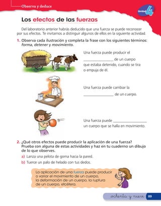 Observa y deduce
                                                                                Unidad


   Los efectos de las fuerzas
  Del laboratorio anterior habrás deducido que una fuerza se puede reconocer
por sus efectos. Te invitamos a distinguir algunos de ellos en la siguiente actividad.
1 . Observa cada ilustración y completa la frase con los siguientes términos:
    forma, detener y movimiento.

                                            Una fuerza puede producir el
                                            ________________ de un cuerpo
                                            que estaba detenido, cuando se tira
                                            o empuja de él.



                                            Una fuerza puede cambiar la
                                            ________________ de un cuerpo.




                                            Una fuerza puede __________________
                                            un cuerpo que se halla en movimiento.



2 . ¿Qué otros efectos puede producir la aplicación de una fuerza?
    Prueba con alguna de estas actividades y haz en tu cuaderno un dibujo
    de lo que observes.
   a) Lanza una pelota de goma hacia la pared.
   b) Tuerce un palo de helado con tus dedos.

            La aplicación de una fuerza puede producir
            o variar el movimiento de un cuerpo,
            la deformación de un cuerpo, la ruptura
            de un cuerpo, etcétera.


                                                              &ochenta y nueve           89
 
