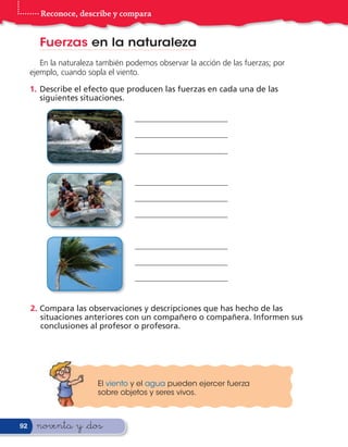 Reconoce, describe y compara


       Fuerzas en la naturaleza
        En la naturaleza también podemos observar la acción de las fuerzas; por
     ejemplo, cuando sopla el viento.

     1. Describe el efecto que producen las fuerzas en cada una de las
        siguientes situaciones.

                                   _______________________
                                   _______________________
                                   _______________________


                                   _______________________
                                   _______________________
                                   _______________________


                                   _______________________
                                   _______________________
                                   _______________________


     2. Compara las observaciones y descripciones que has hecho de las
        situaciones anteriores con un compañero o compañera. Informen sus
        conclusiones al profesor o profesora.




                        El viento y el agua pueden ejercer fuerza
                        sobre objetos y seres vivos.



92    noventa y &dos
 