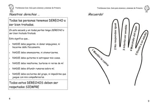 Tratémonos bien. Guía para alumnos y alumnas de Primaria          Tratémonos bien. Guía para alumnos y alumnas de Primaria                                    .


Nuestros derechos …                                              ¡Recuerda!
Todas las personas tenemos DERECHO a




                                                                                             2 No respondas igual
ser bien tratadas.




                                                                                                                         amable


                                                                                                                                              gar
En esta escuela y en todas partes tengo DERECHO a




                                                                                                                                           del lu
ser bien tratado/tratada.




                                                                                                                                                              lto
                                                                                                                    3 In tenta ser




                                                                                                                                                          adu
                                                                                                                                           chate
Esto significa que...




                                                                                                                                                        un
·   NADIE debe pegarme, ni donar empujones, ni




                                                                                                                                                       lo a
                                                                                                                                     4 M ar
    hacerme daño físicamente.




                                                                                                                                                    íse
                                                                  1
    NADIE debe amenazarme, ni atemorizarme.




                                                                    M




                                                                                                                                                   5D
·




                                                                      an
                                                                        té
    NADIE debe quitarme ni estropear mis cosas.




                                                                           n
·




                                                                           la
                                                                               ca
·   NADIE debe insultarme, burlarse ni reirse de mí




                                                                                 lm
                                                                                   a
·   NADIE debe difundir rumores sobre mí.

·   NADIE debe excluirme del grupo, ni impedirme que
    juegue con mis compañeros/as.

Todos estos DERECHOS deben ser
respetados SIEMPRE


4
                                                                                                                                                                    9
 
